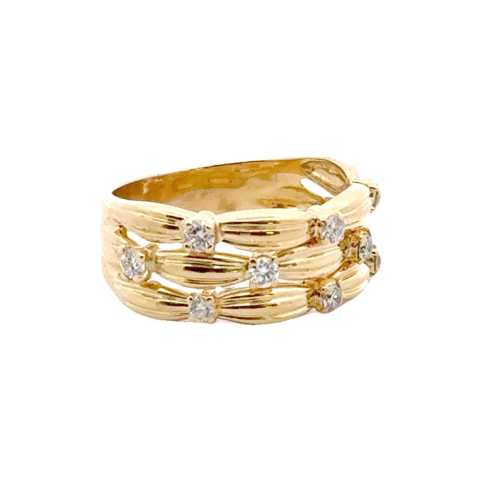 Modern Diamond 18 Karat Yellow Gold Bamboo Three Row Band Ring