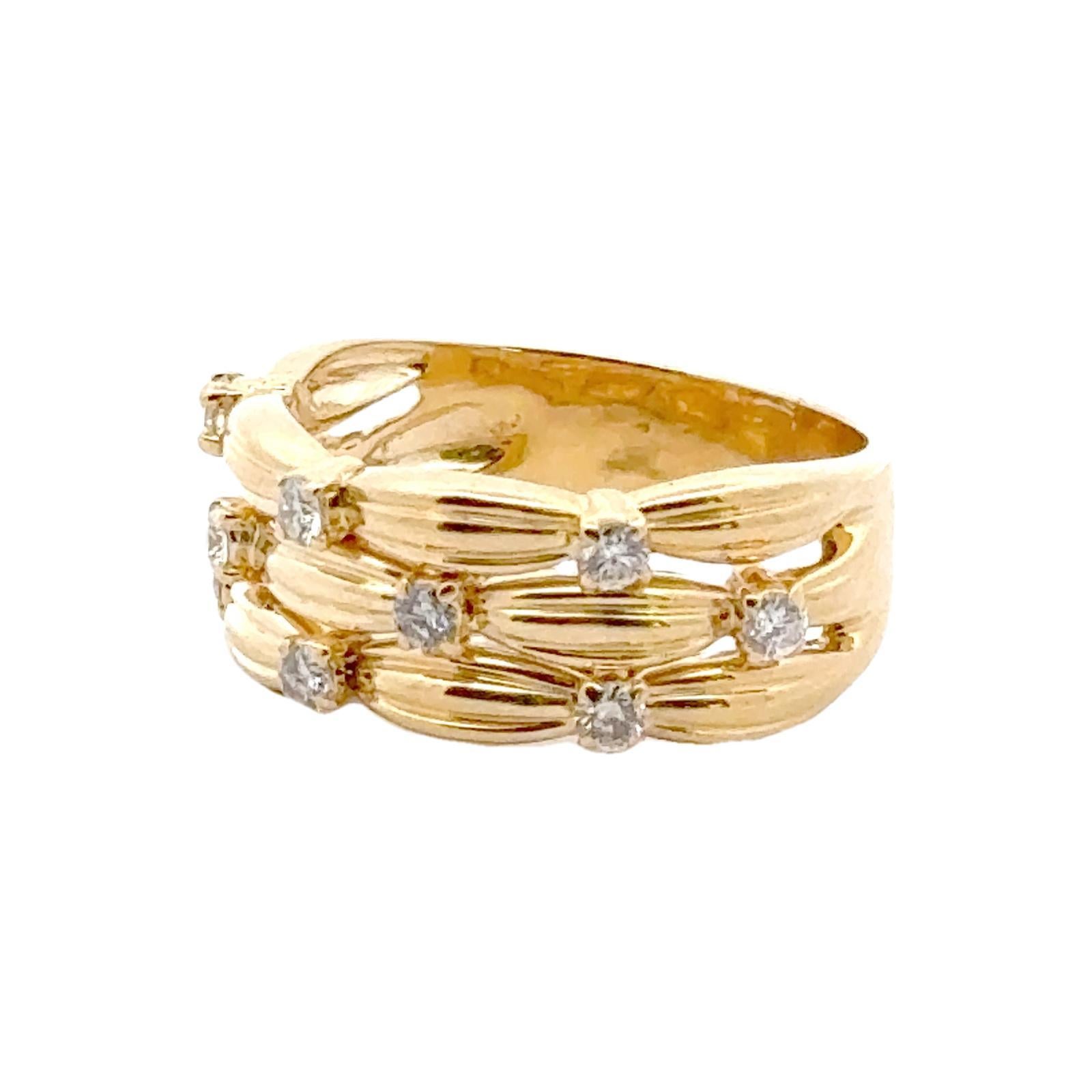 Diamond 18 Karat Yellow Gold Bamboo Three Row Band Ring 1