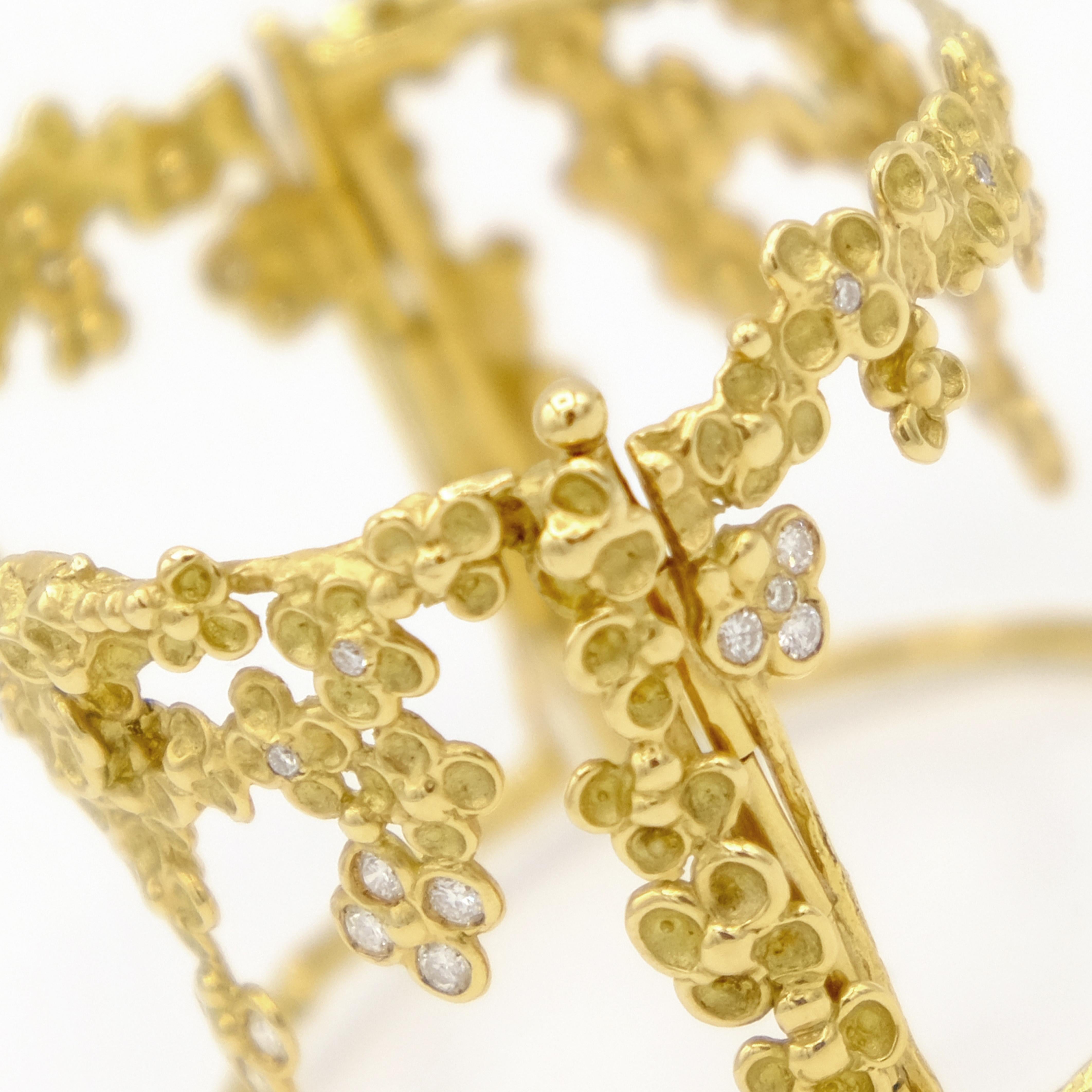 Round Cut Anais Rheiner 18 Karat Yellow Gold Diamond Flower Bangle Bracelet For Sale