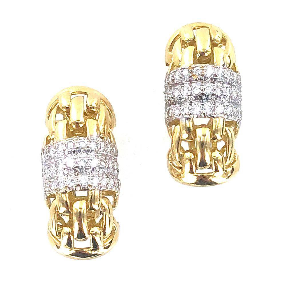 Beautifully crafted 18 karat yellow gold and diamond earrings. The woven 18 karat gold earrings feature 72 round brilliant cut diamonds graded F-G color and VS clarity (2.16 carat total weight). The earrings measure 13 x 30mm and are signed Ivan