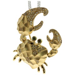 Champagne Diamonds Tourmaline 18 Karat Yellow Gold Crab Brooch