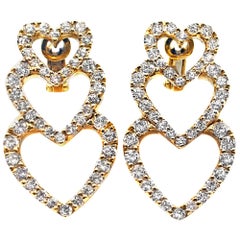 Diamond 18 Karat Yellow Gold Dangling Hearts Ear Pendants