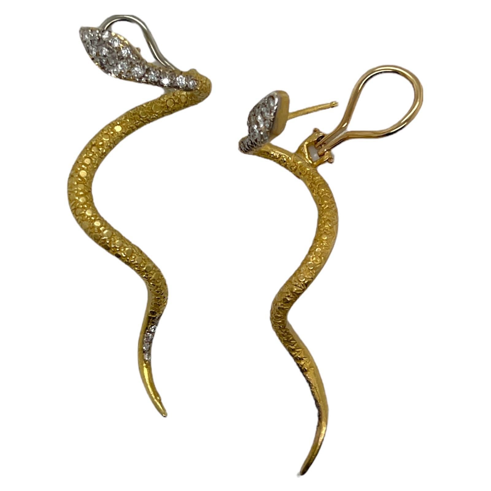 Round Cut Diamond 18 Karat Yellow Gold Handcrafted Snake Drop Earrings Leverbacks