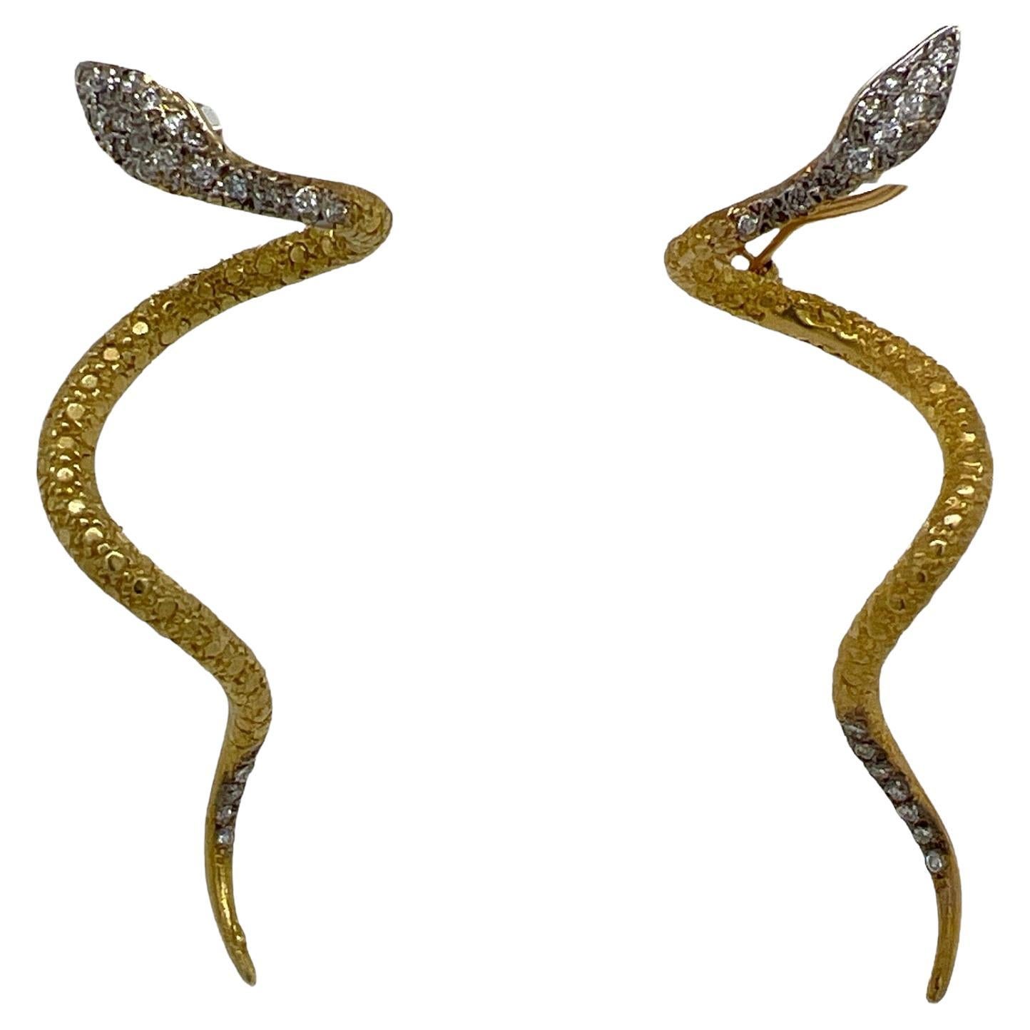 Diamond 18 Karat Yellow Gold Handcrafted Snake Drop Earrings Leverbacks