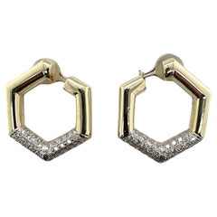 Diamond 18 Karat Yellow Gold Hexagonal Vintage Hoop Ear Clip Earrings