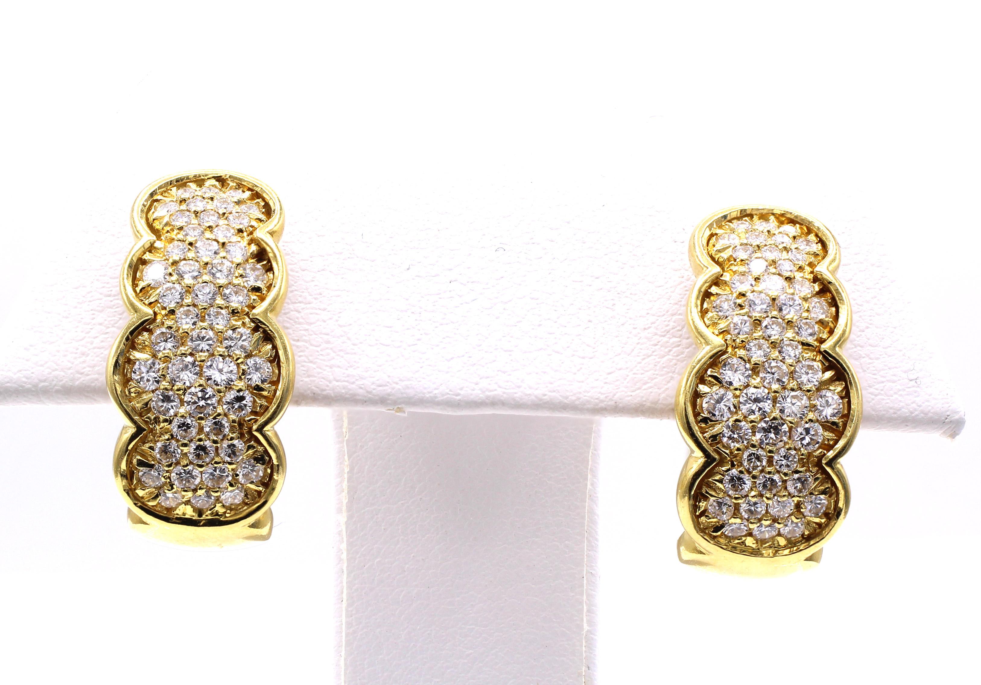 Round Cut Diamond 18 Karat Yellow Gold Hoop Earrings For Sale