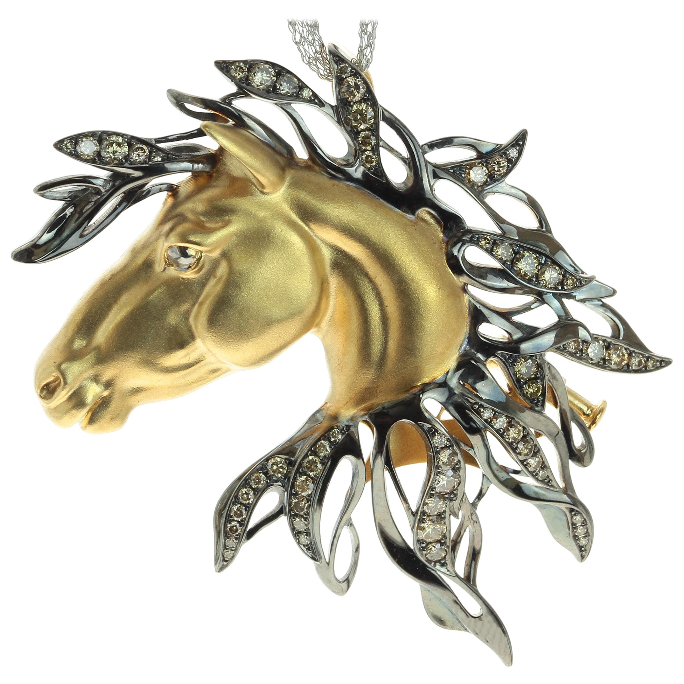 Diamond 18 Karat Yellow Gold Horse Head Brooch