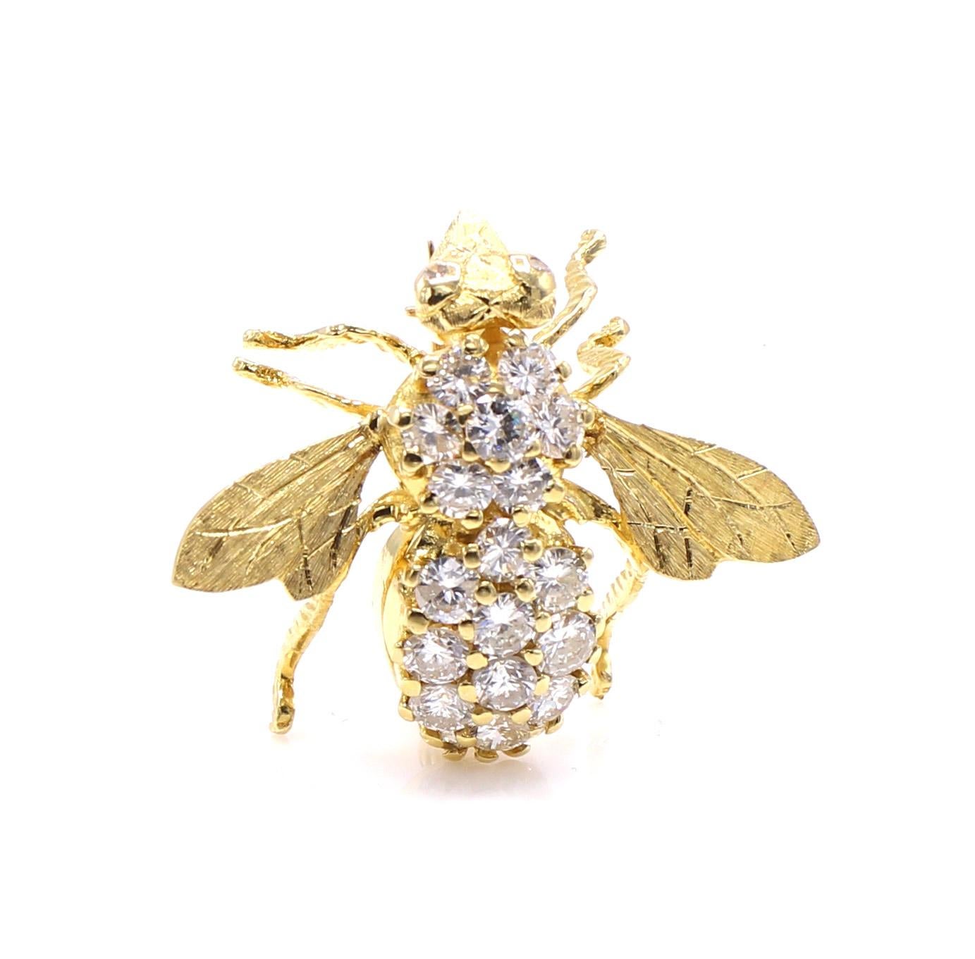 Round Cut Diamond 18 Karat Yellow Gold Insect Brooch