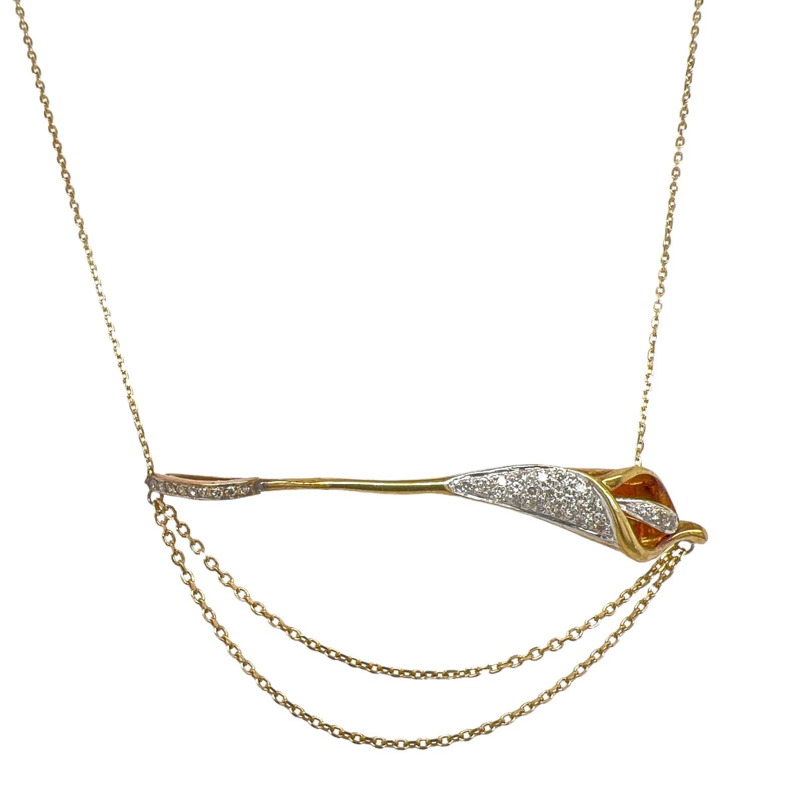 Modern Diamond 18 Karat Yellow Gold Lily Flower Pendant Link Chain Necklace