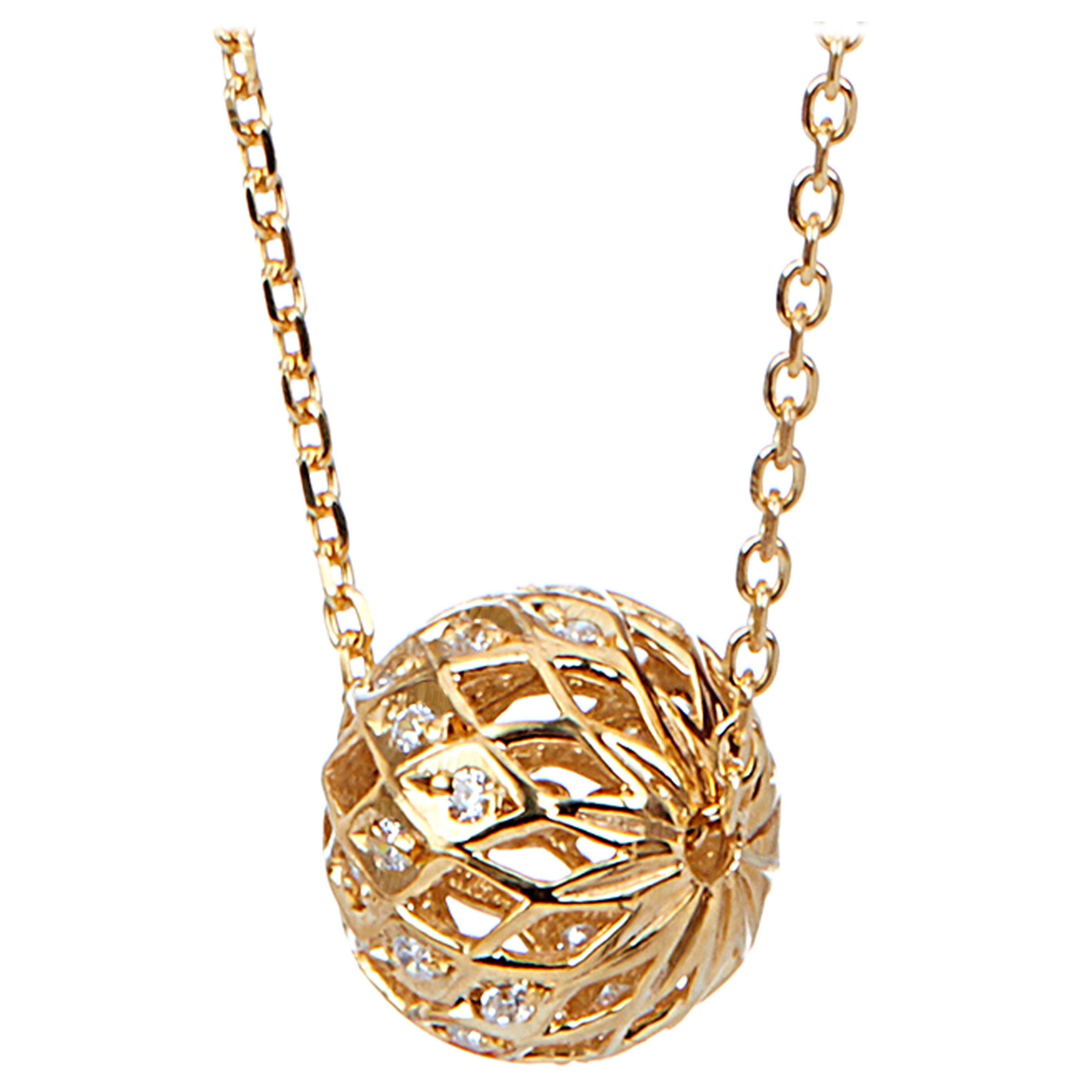 Yemyungji Diamond 18 Karat Yellow Gold Millennium Ball Pendant Chain Necklace For Sale