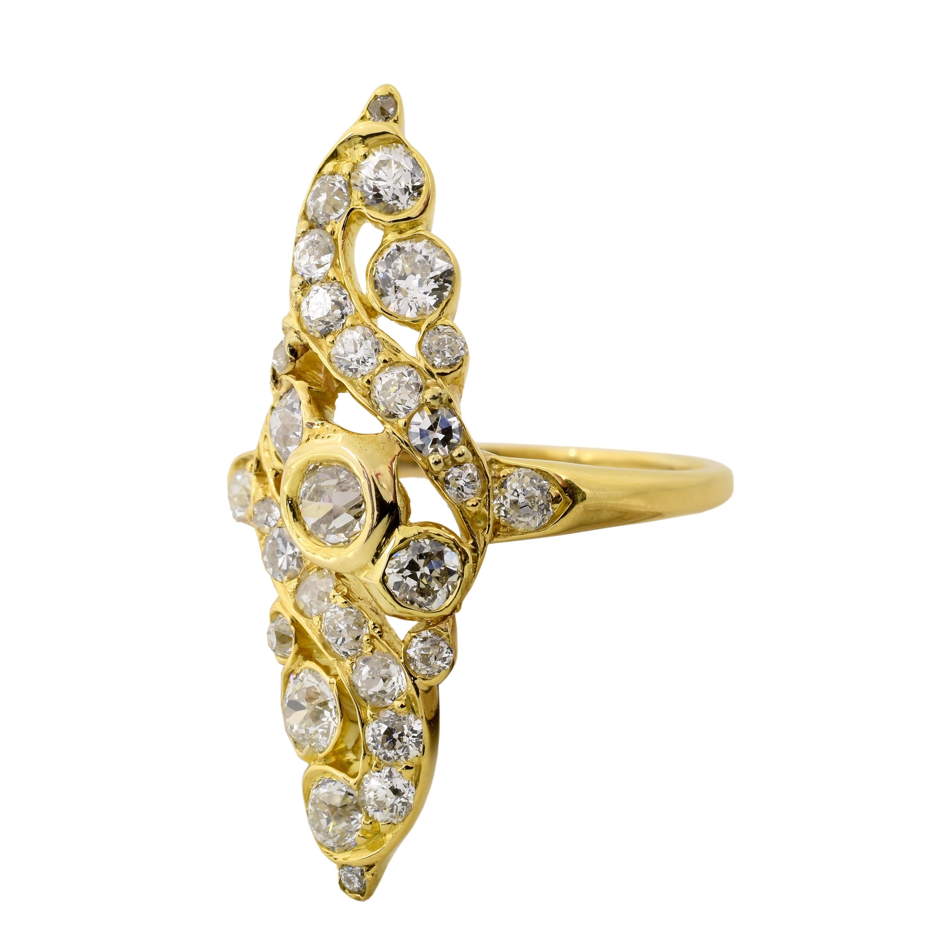 Old European Cut Diamond 18 Karat Yellow Gold Navette Ring For Sale