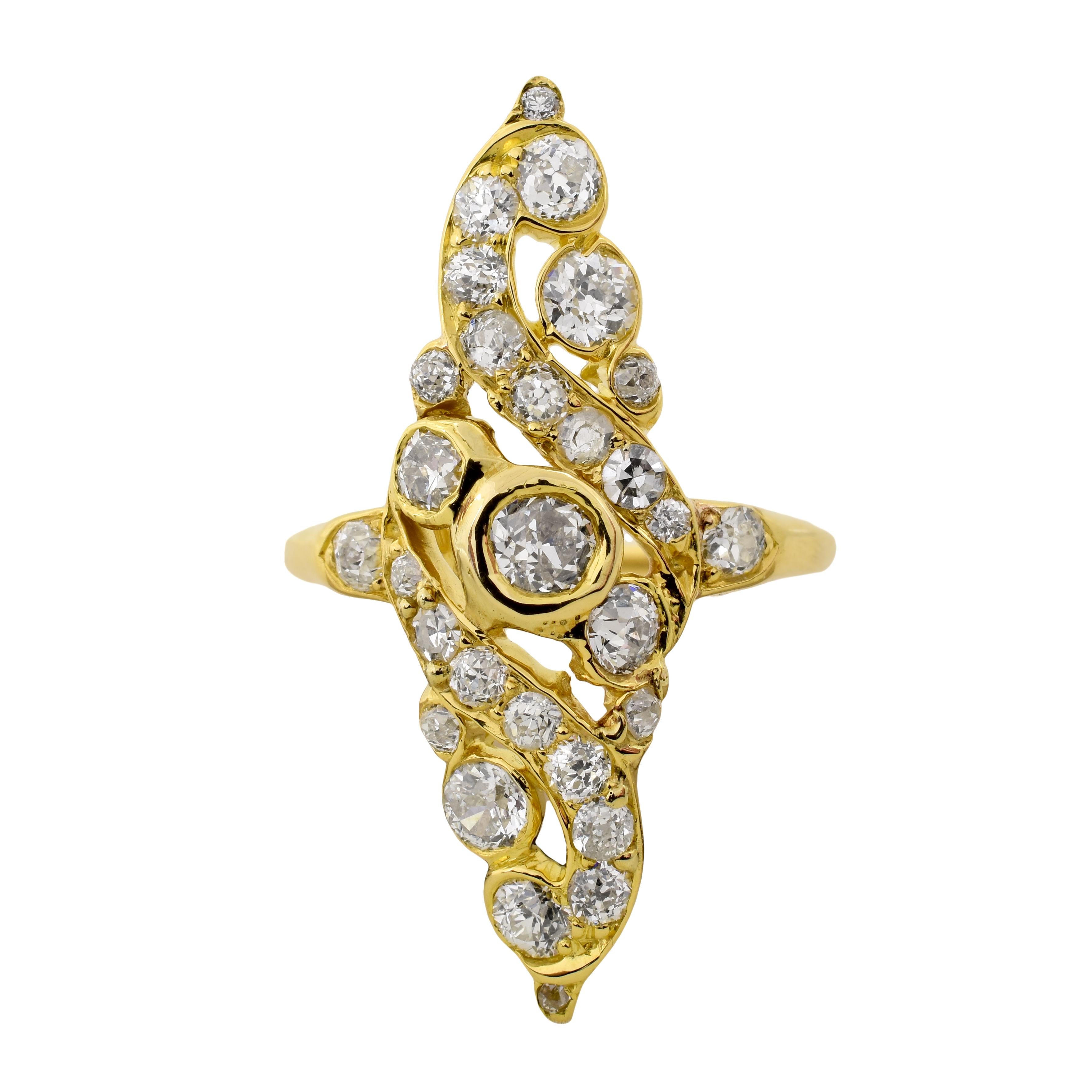 Diamond 18 Karat Yellow Gold Navette Ring For Sale