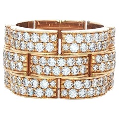 Diamond 18 Karat Yellow Gold Panther Link Three Row Wide Band Ring Size 7