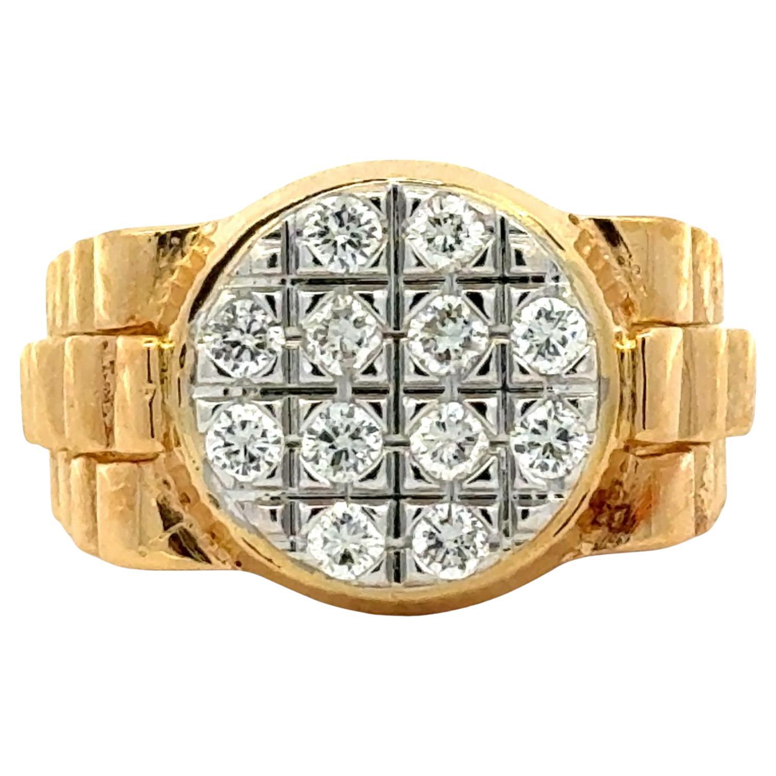 Bague vintage unisexe en or jaune 18 carats de style Rolex avec diamants en vente