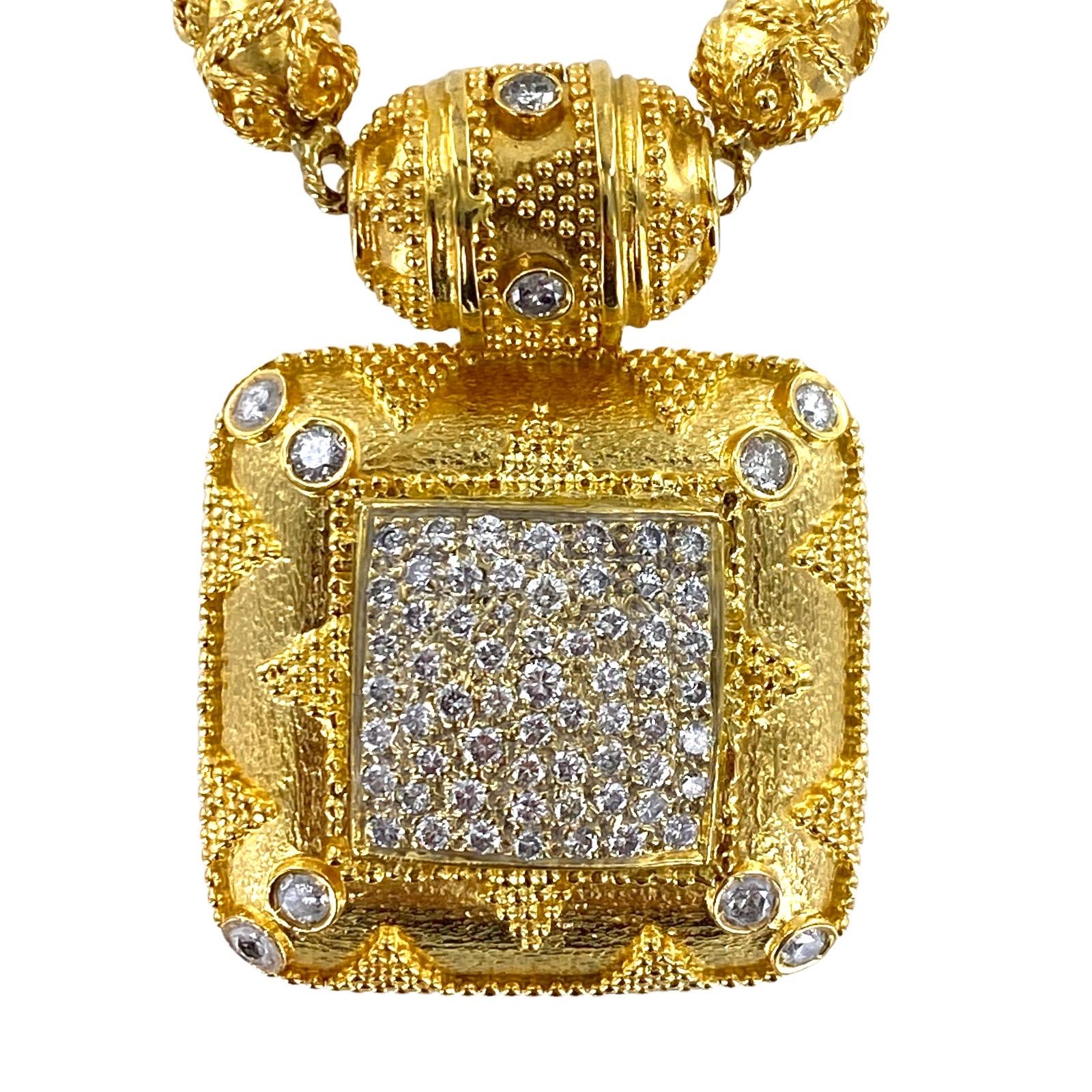 Modern Diamond 18 Karat Yellow Gold Square Statement Pendant Necklace Toggle Clasp