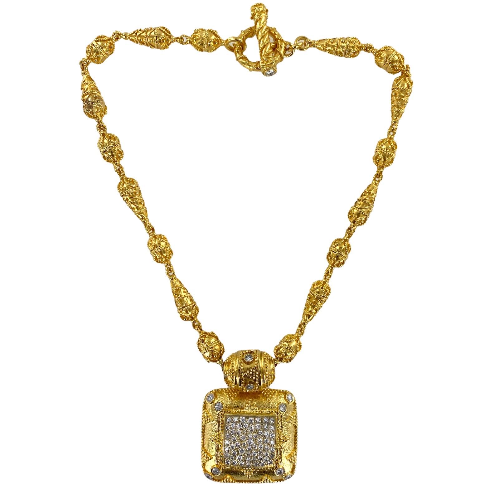Diamond 18 Karat Yellow Gold Square Statement Pendant Necklace Toggle Clasp In Excellent Condition In Boca Raton, FL
