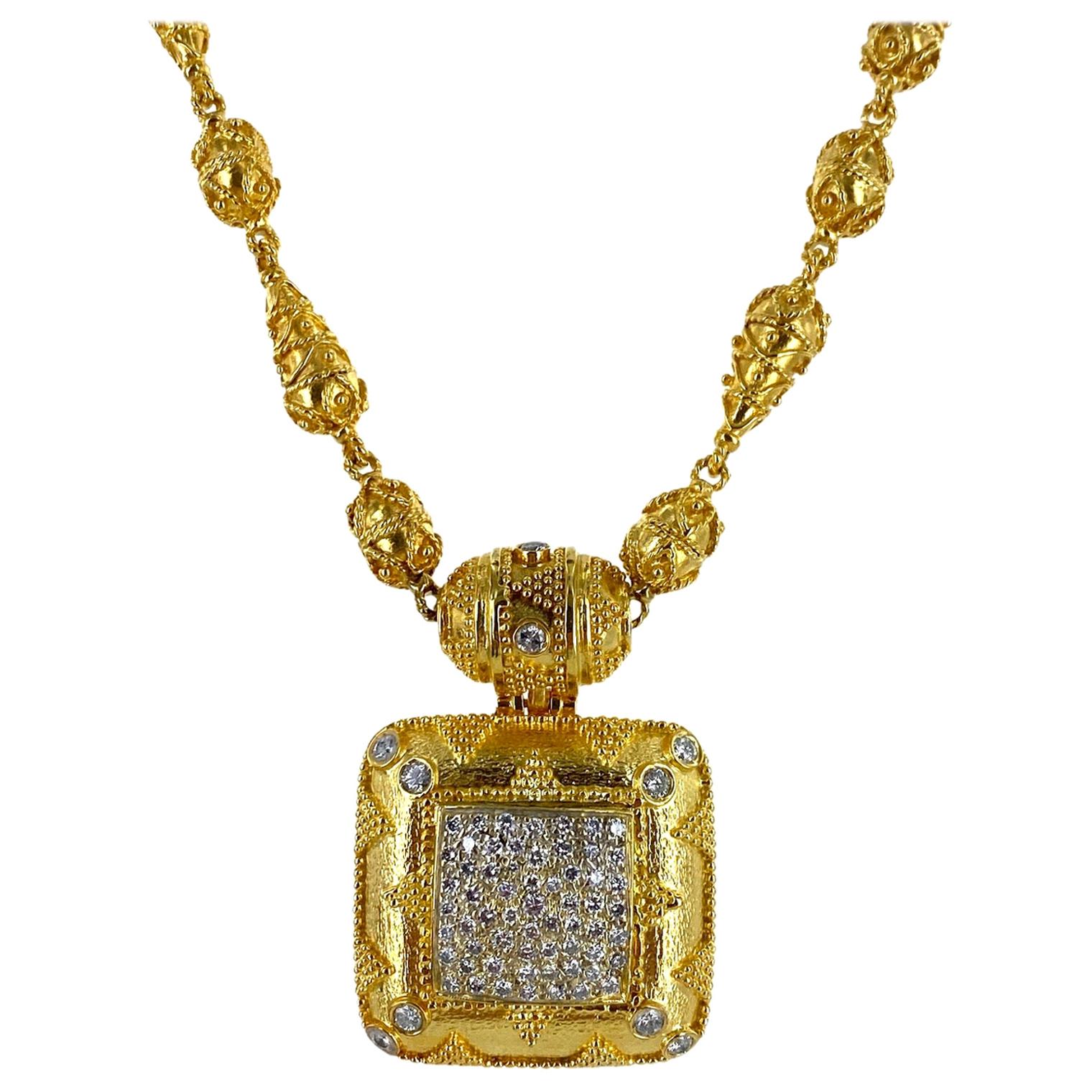 Diamond 18 Karat Yellow Gold Square Statement Pendant Necklace Toggle Clasp