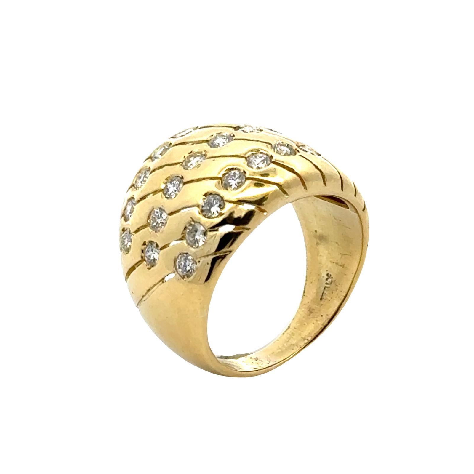 Round Cut Diamond 18 Karat Yellow Gold Textured Three Row Dome Ring
