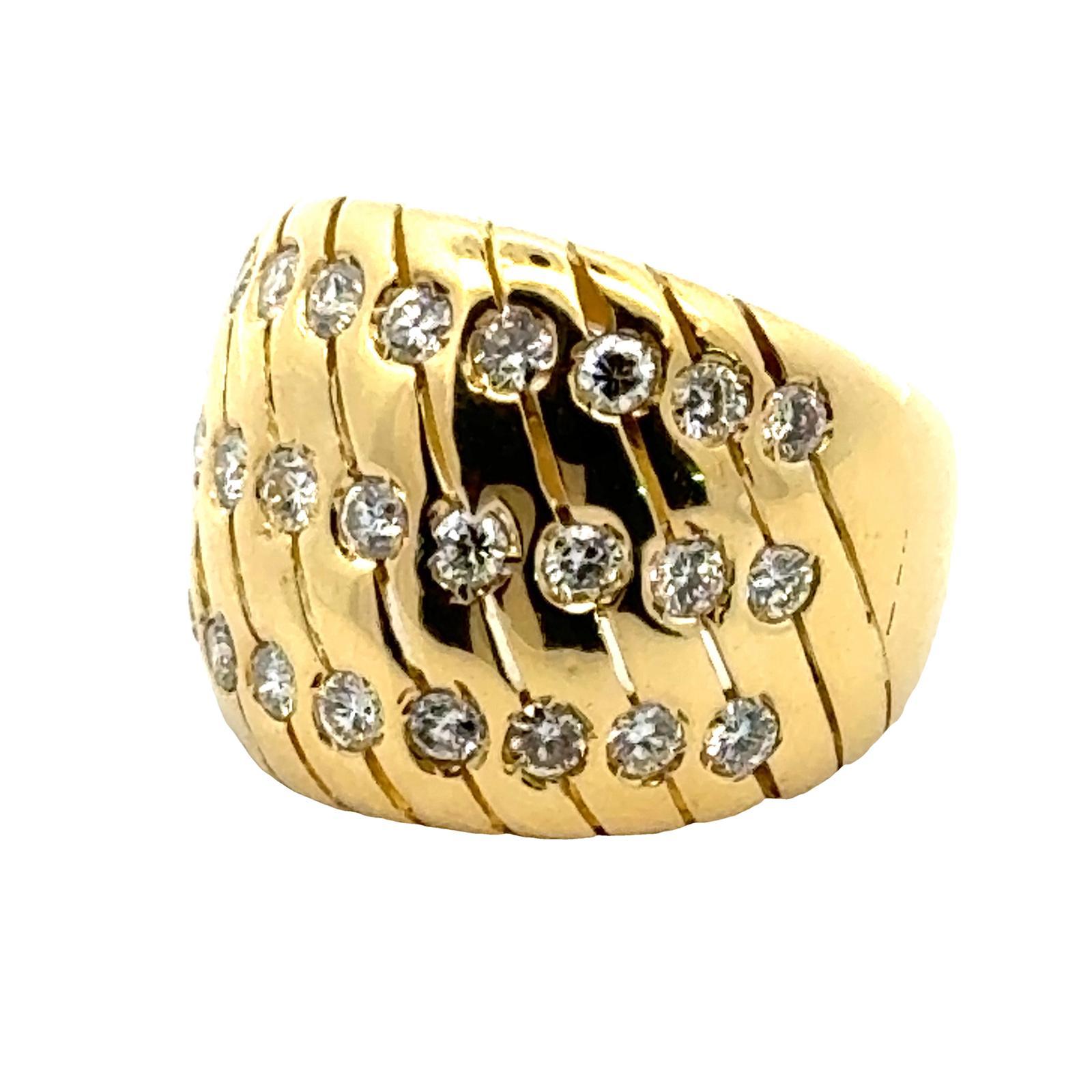 Women's Diamond 18 Karat Yellow Gold Textured Three Row Dome Ring
