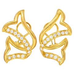 Diamond 18 Karat Yellow Gold Twisted Ribbon Vintage Ear-Clip Earrings