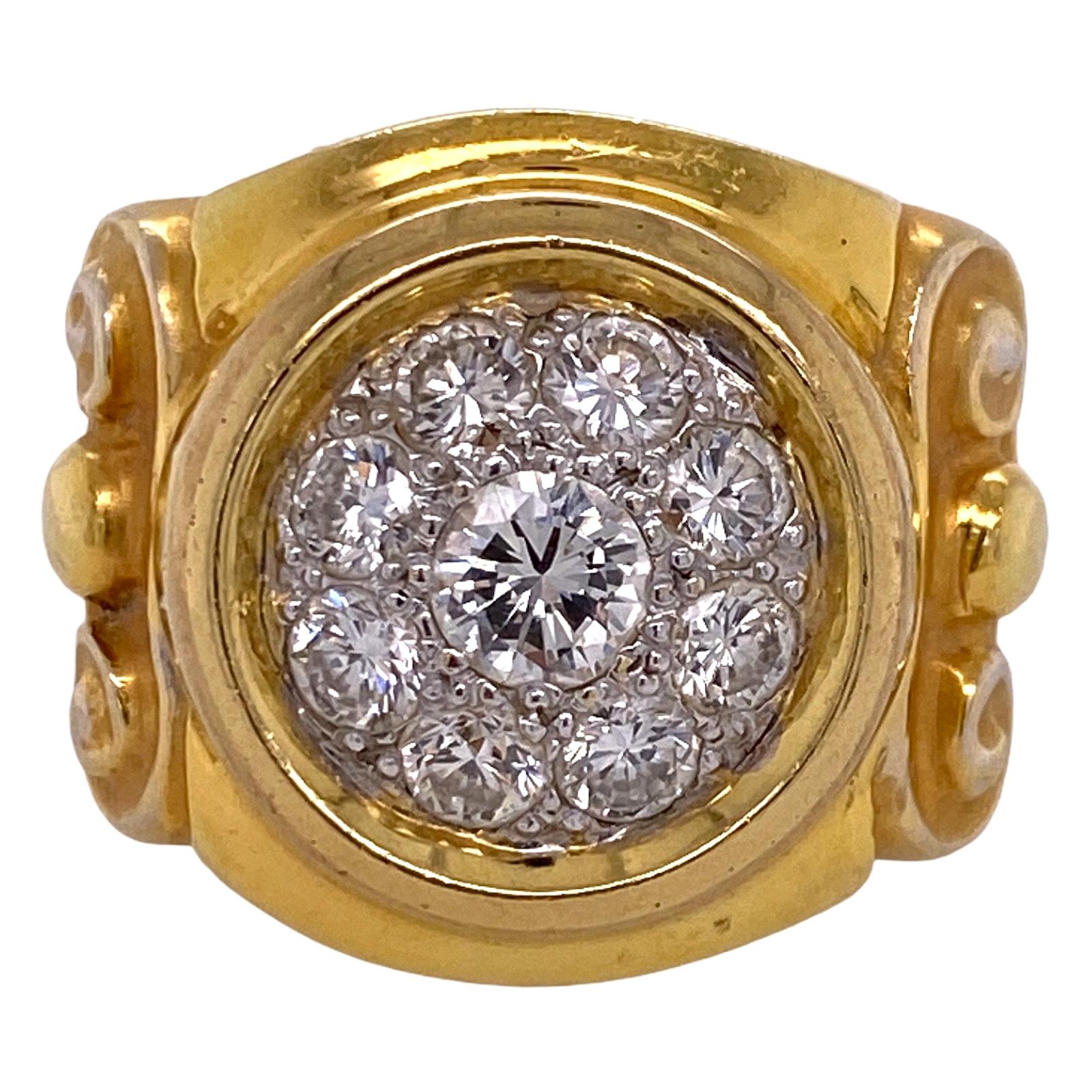 Round Brilliant Diamond 18 Karat Yellow Gold Vintage Etruscan Style Vintage Ring For Sale