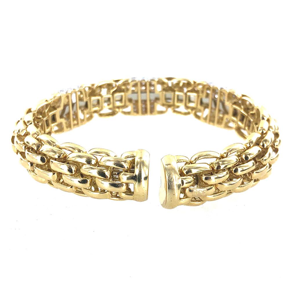 Modern Diamond 18 Karat Yellow Gold Woven Link Cuff Bracelet Signed Ivan