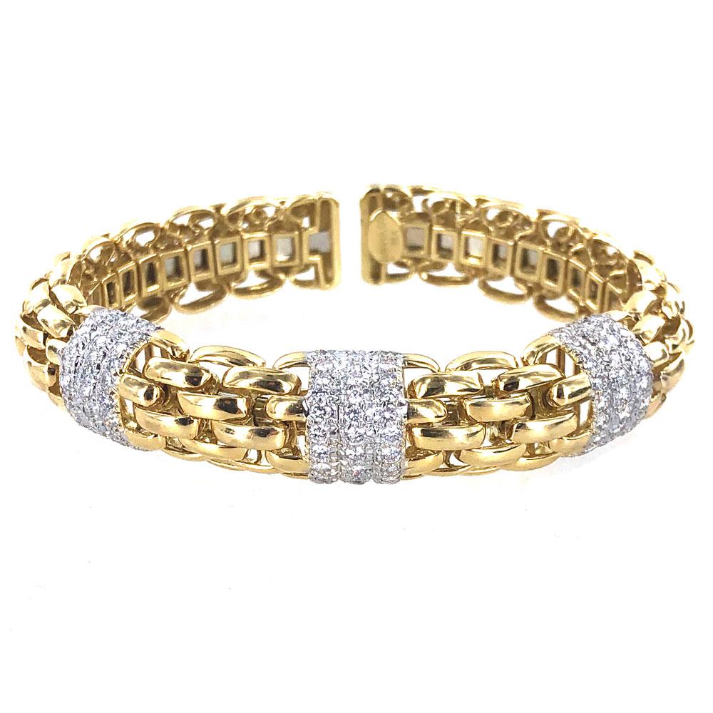 Women's Diamond 18 Karat Yellow Gold Woven Link Cuff Bracelet Signed Ivan