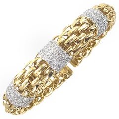 Diamond 18 Karat Yellow Gold Woven Link Cuff Bracelet Signed Ivan