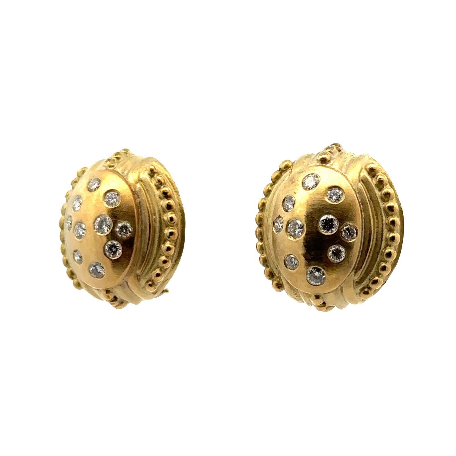 Round Cut Diamond 18 Karat Yellow Satin Finish Gold Etruscan Style Leverback Earrings For Sale