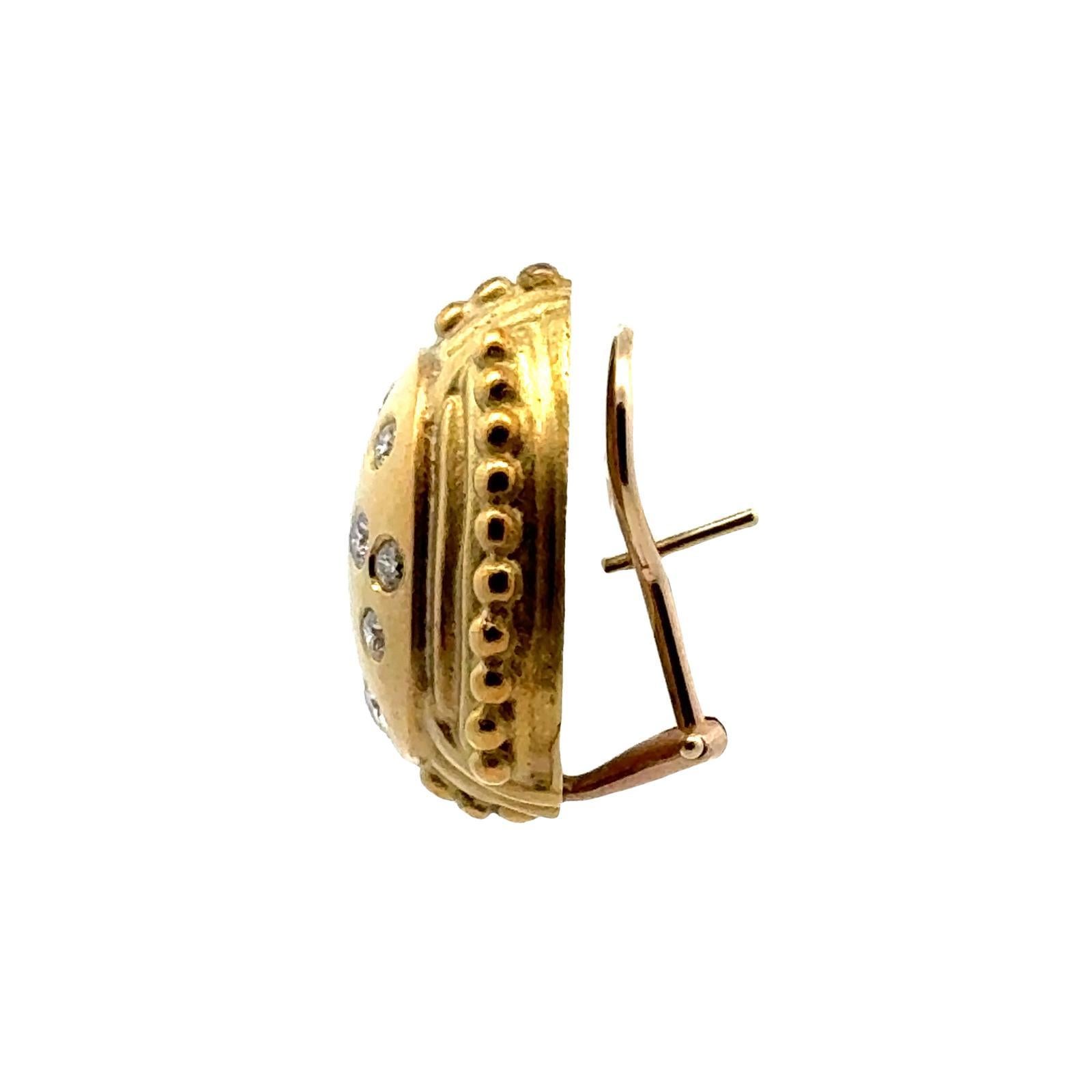 Women's Diamond 18 Karat Yellow Satin Finish Gold Etruscan Style Leverback Earrings For Sale