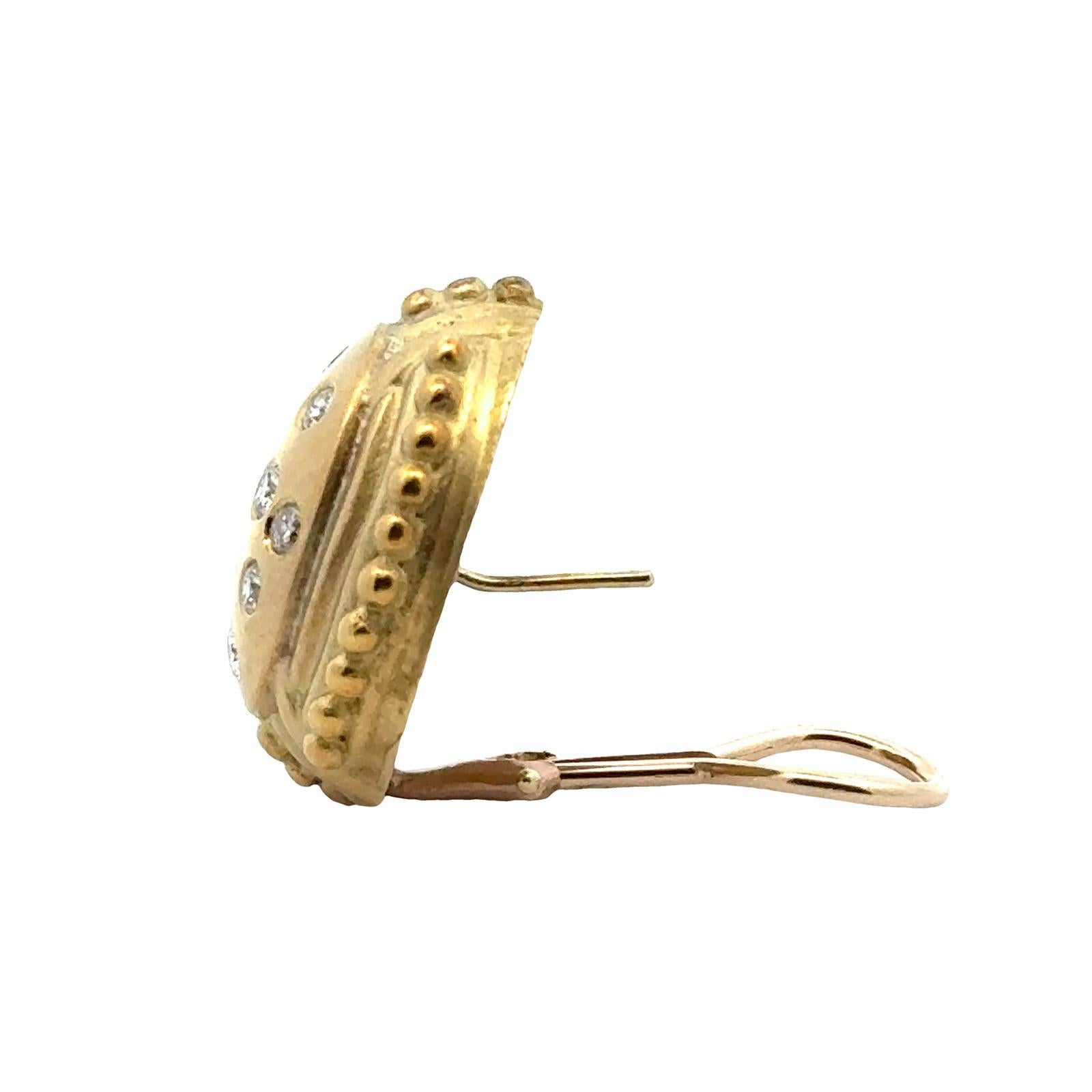 Diamond 18 Karat Yellow Satin Finish Gold Etruscan Style Leverback Earrings For Sale 1
