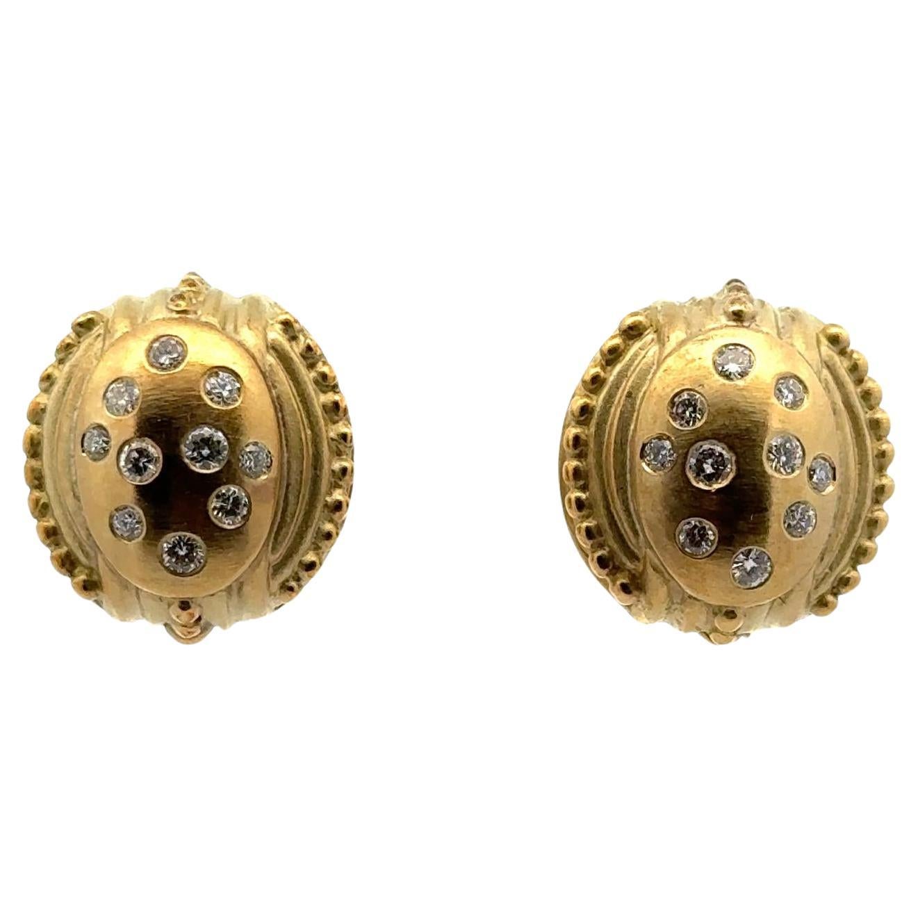 Diamond 18 Karat Yellow Satin Finish Gold Etruscan Style Leverback Earrings For Sale