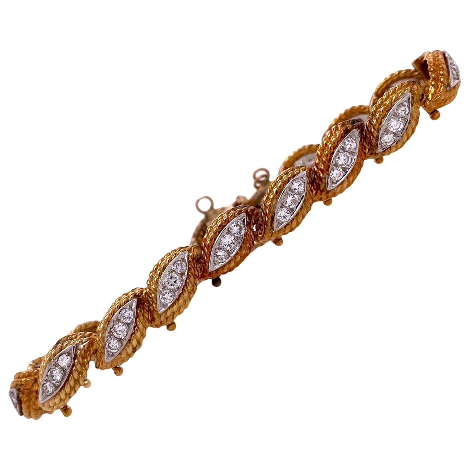1970's Diamond 18 Karat Yellow & White Gold Almond Shape Link Bracelet