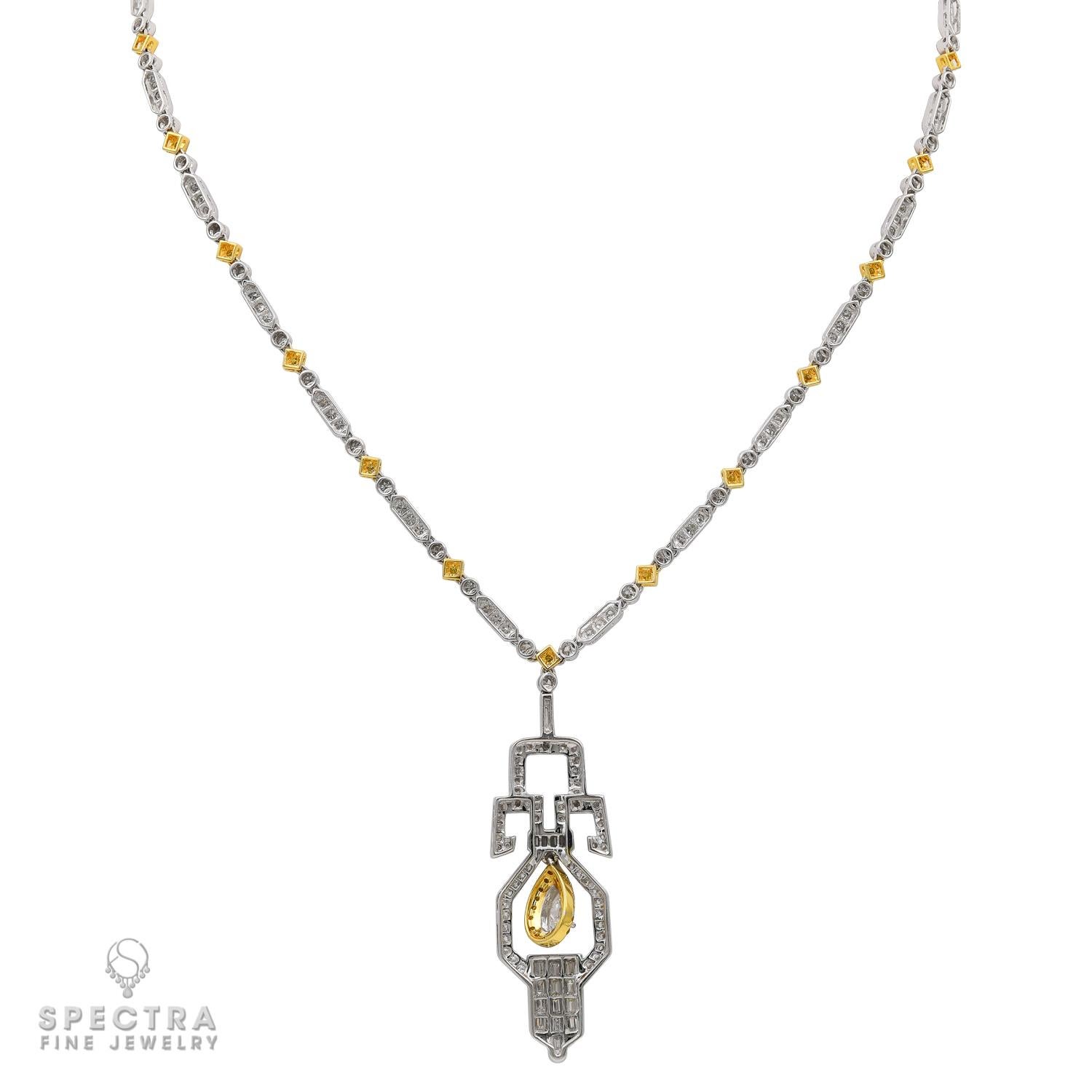 This diamond necklace has the stark simplicity, sleek lines, and geometric elements of an opulent piece from the Art Deco period; however, it is made in the 21st century, 2020. Crafted in 18K white and yellow gold; the 16.25-inch (41.28 cm) necklace