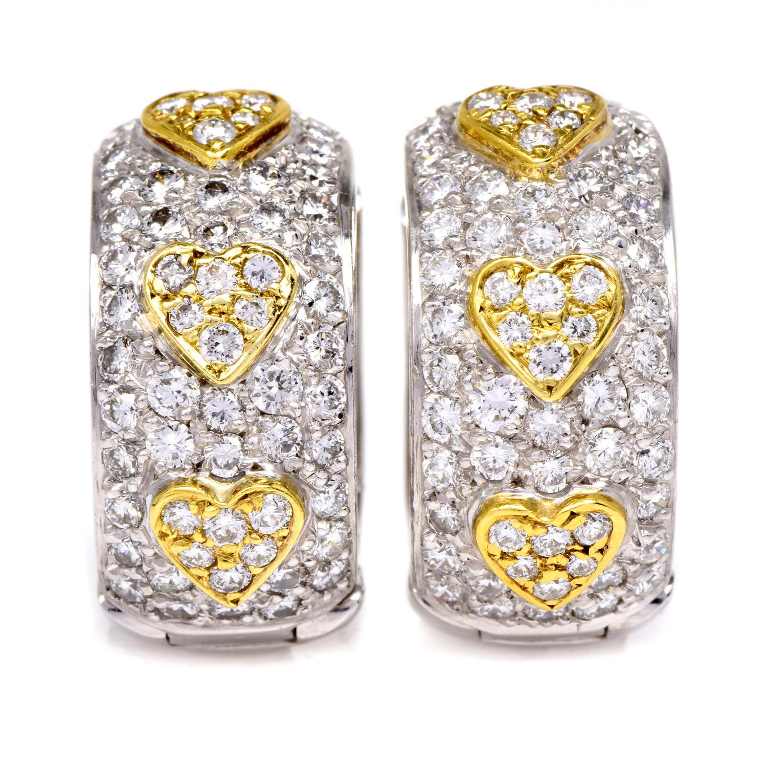 These beautiful Pave Diamond Earrings were inspired in a Hoop with a heart 

motifs and crafted in 18K White Gold and 18k yellow gold.

Over 88 bright white round, brilliant-cut diamonds adorn these earrings

weighing approx. 4.11-carat pave-set and