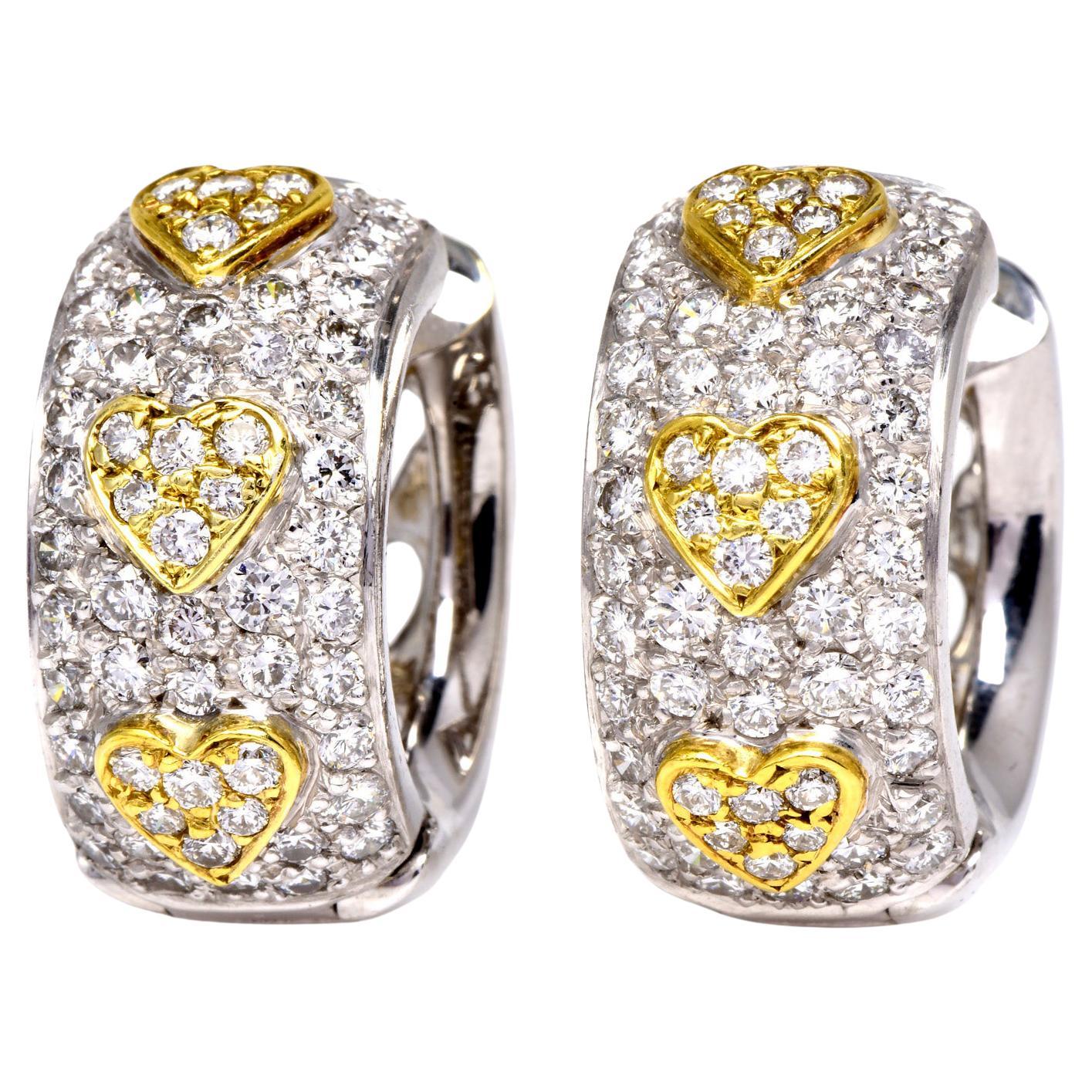 Diamond 18K Gold Heart Hoop Omega Clip On Earrings