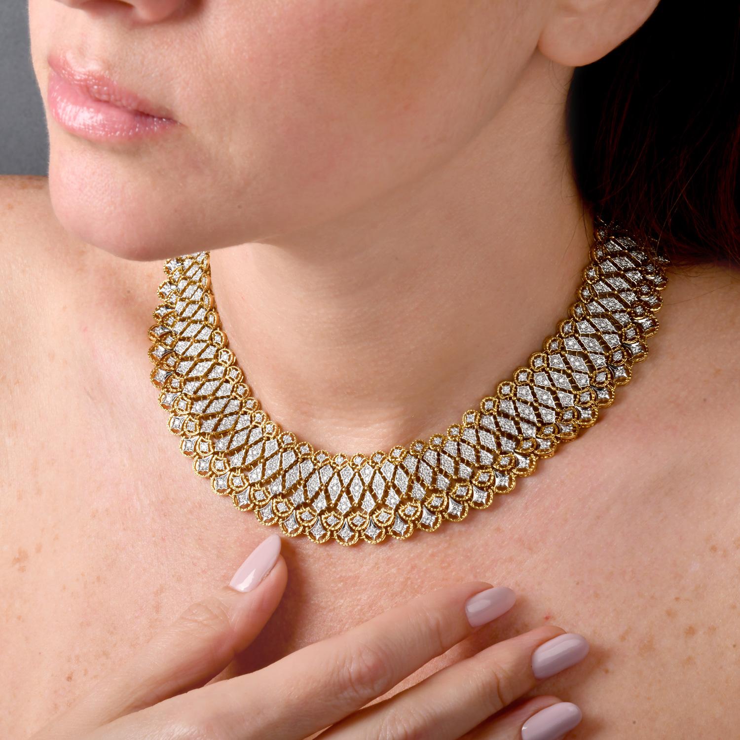 Featuring an exquisite choker statement necklace, featuring natural round diamonds set in a sophisticated geometric kite link design. Crafted in 18K white and yellow gold, this necklace combines a flexible mesh link structure that sits gracefully