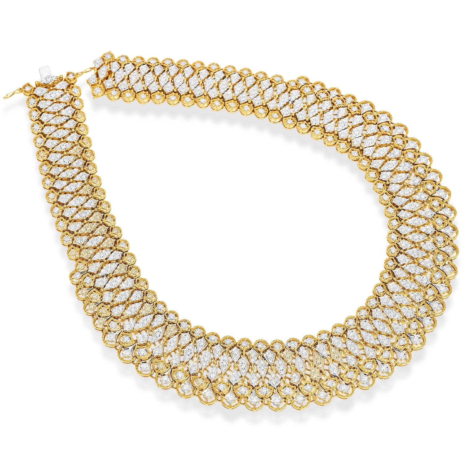 Round Cut Diamond 18K Gold Mesh Choker Statement Necklace