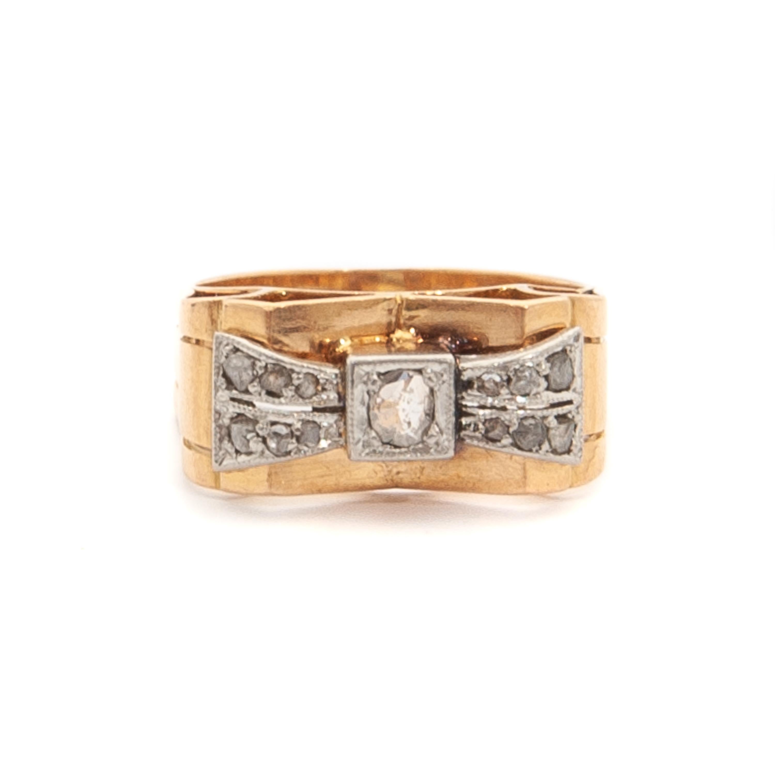 Women's 1930's Art Deco Old Cut Diamond 18 Karat Gold Platinum Bow Ring For Sale
