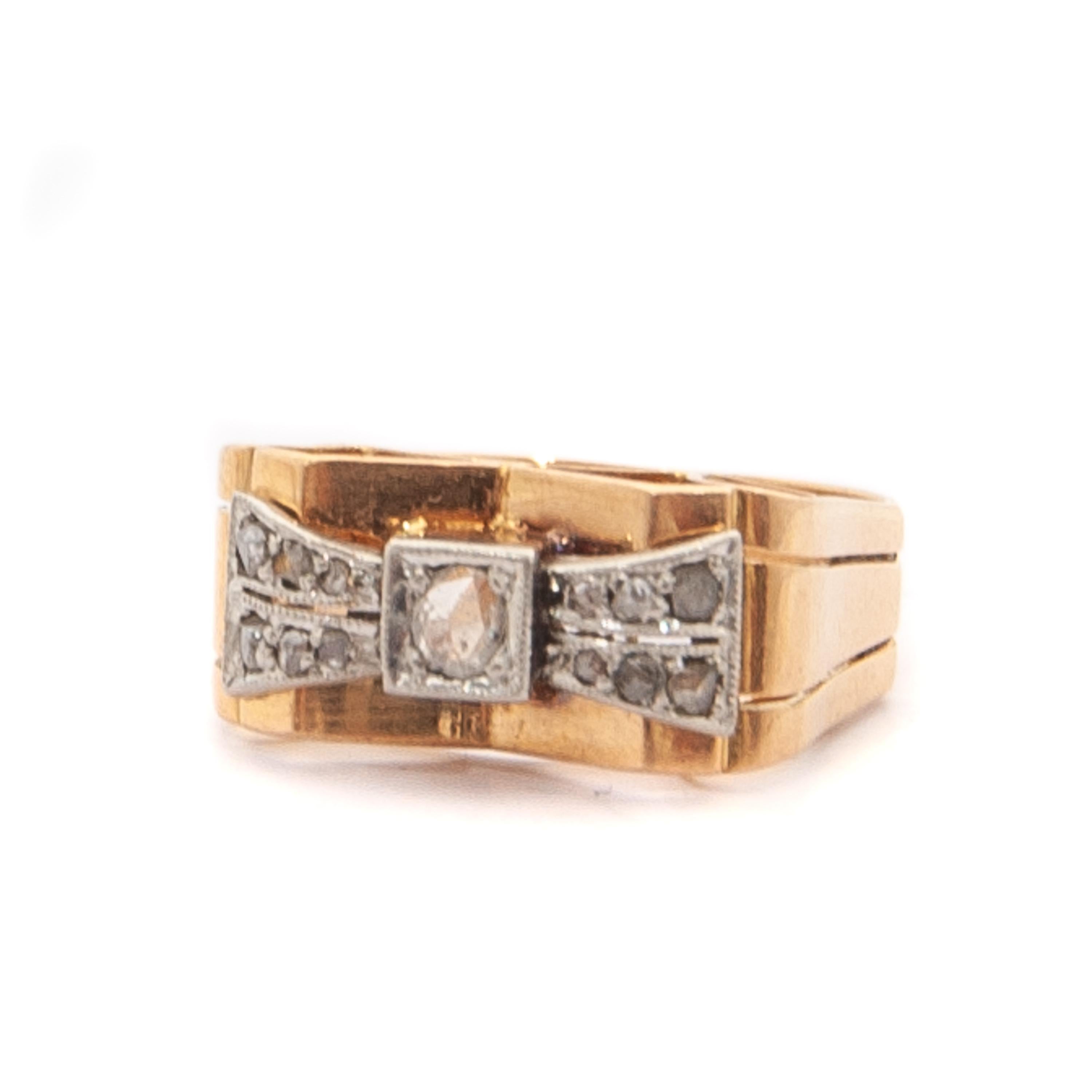 1930's Art Deco Altschliff Diamant 18 Karat Gold Platin Schleife Ring im Zustand „Gut“ im Angebot in Rotterdam, NL