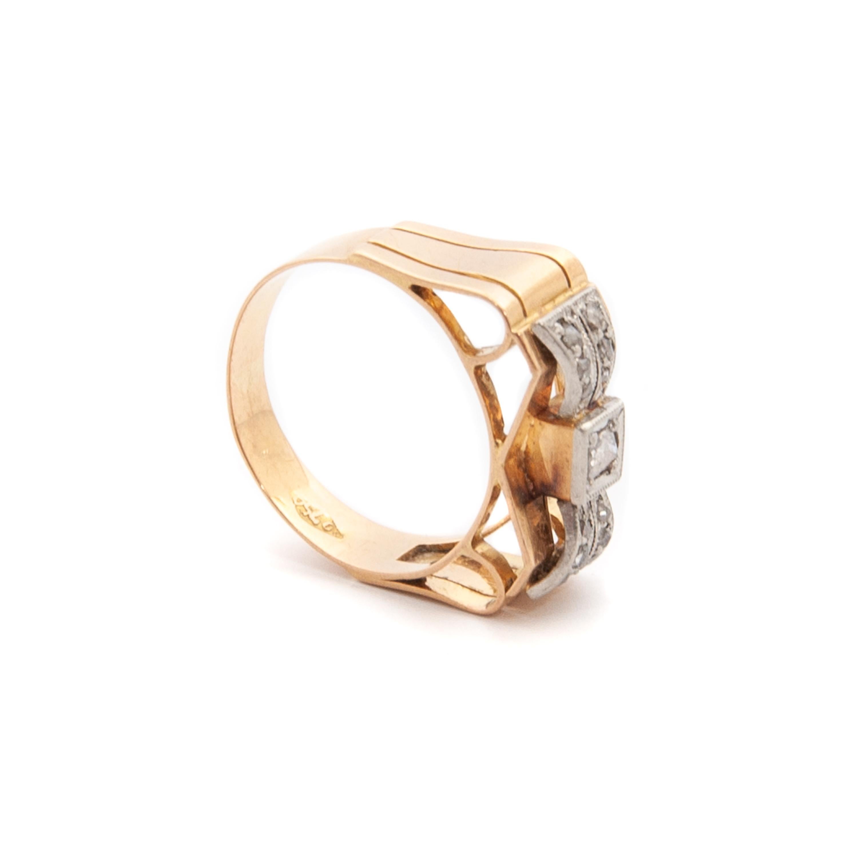 1930's Art Deco Altschliff Diamant 18 Karat Gold Platin Schleife Ring im Angebot 1