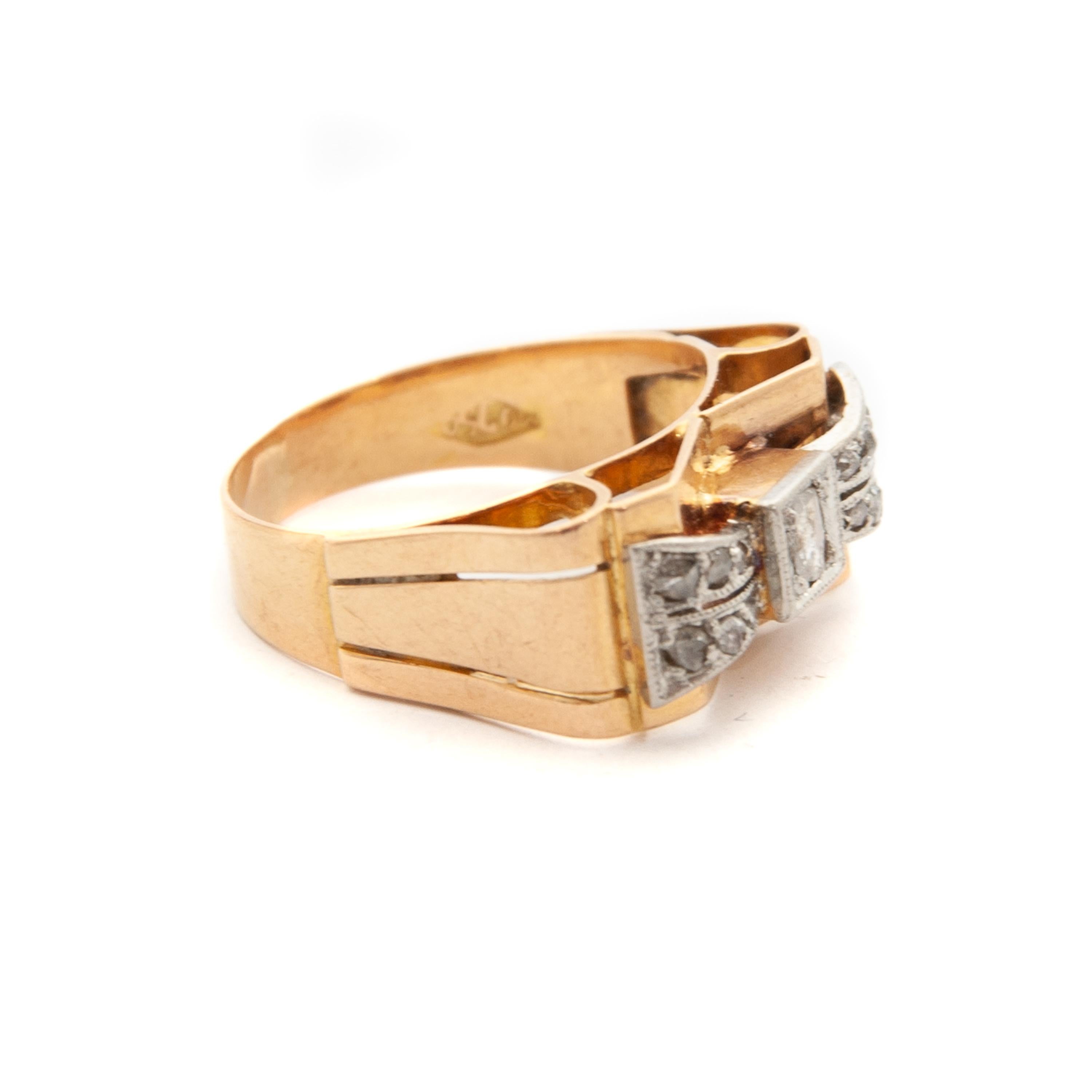 1930's Art Deco Old Cut Diamond 18 Karat Gold Platinum Bow Ring For Sale 2