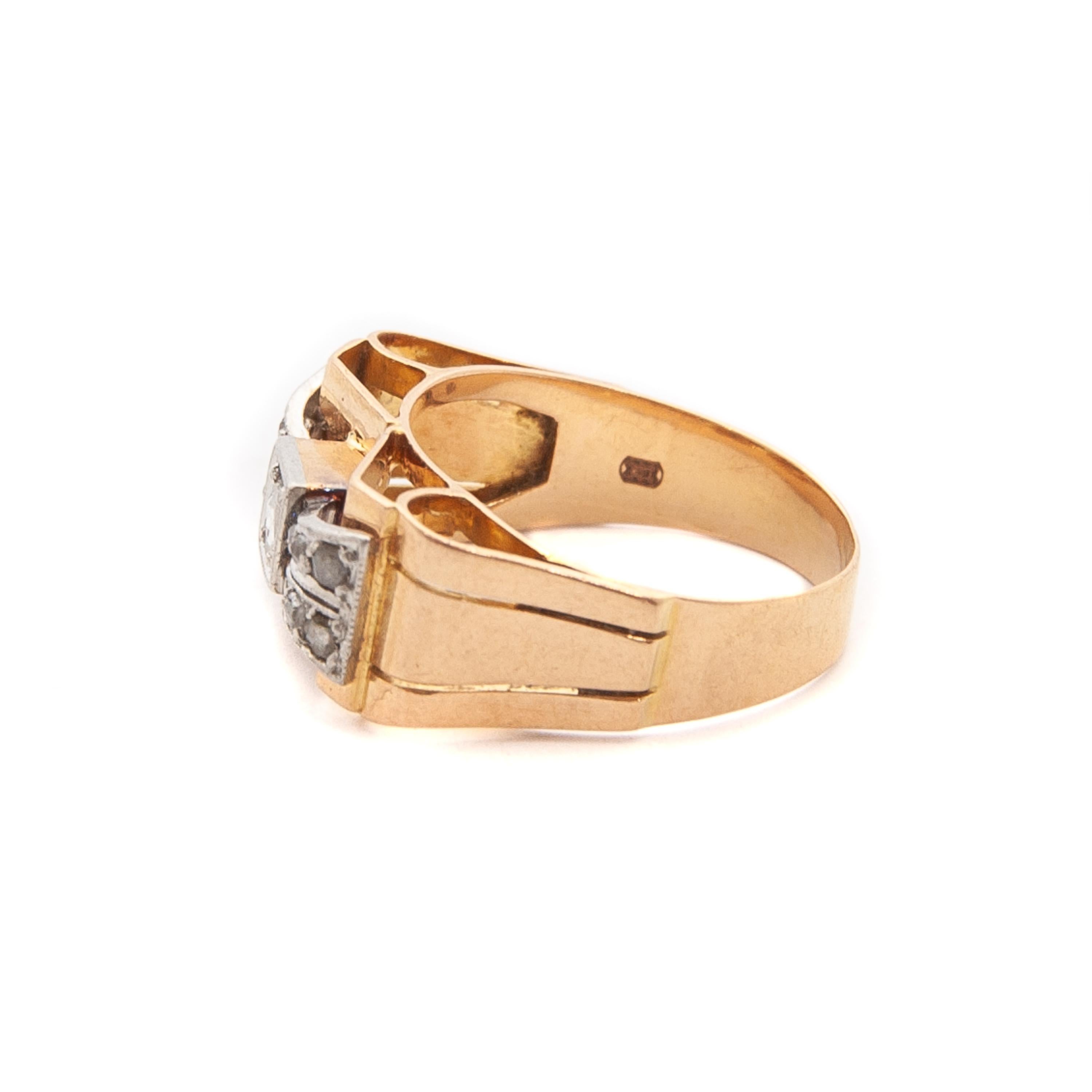 1930's Art Deco Old Cut Diamond 18 Karat Gold Platinum Bow Ring For Sale 3