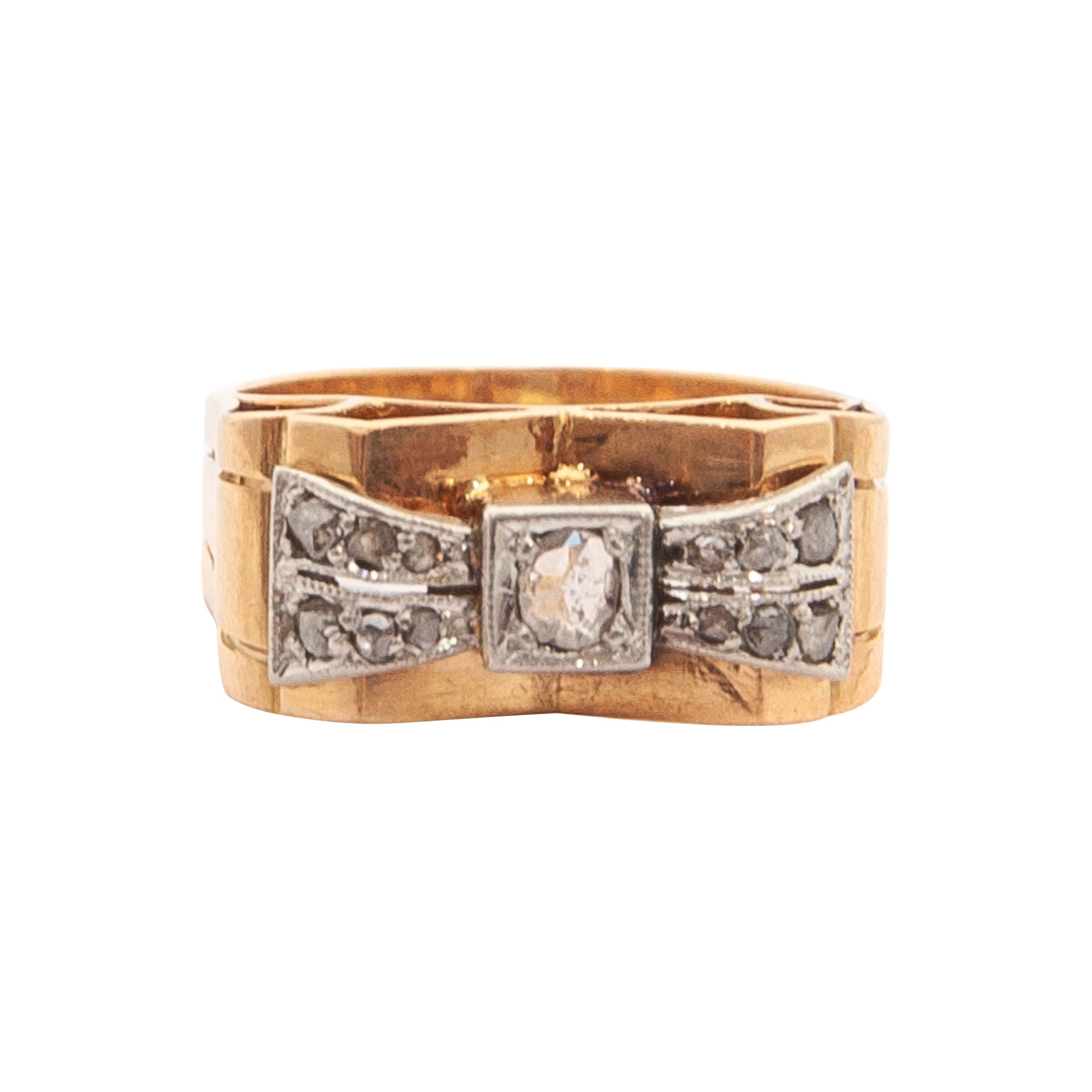 Old European Cut 1930's Art Deco Old Cut Diamond 18 Karat Gold Platinum Bow Ring For Sale