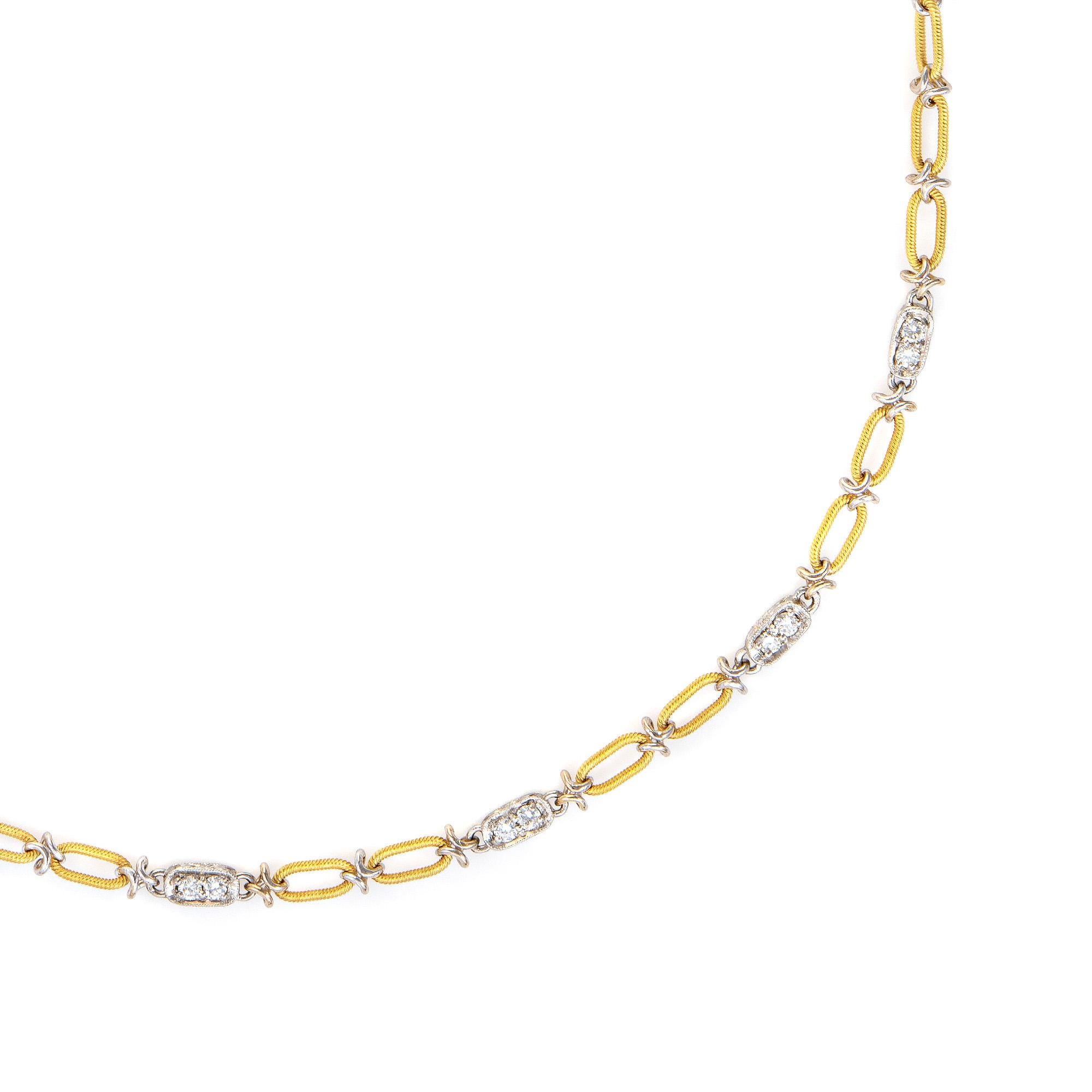 Round Cut Diamond 18k Gold Platinum Necklace Textured Vintage Fine Estate Jewelry