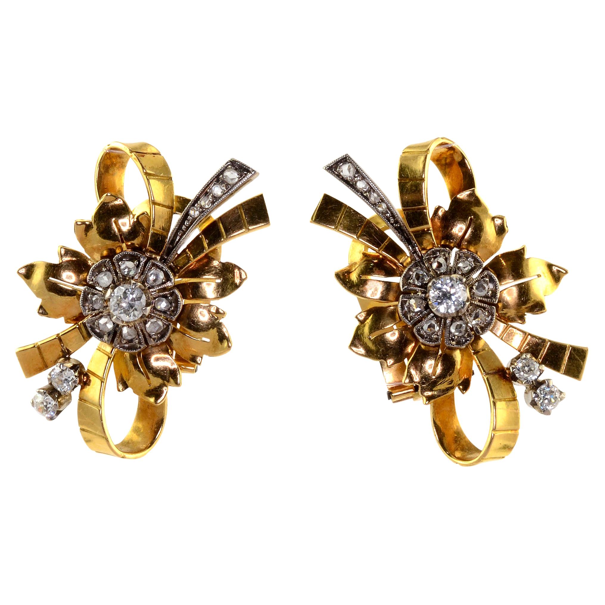 Retro Diamond Two Colour Gold Sun Burst Clip on Earrings Earclips For