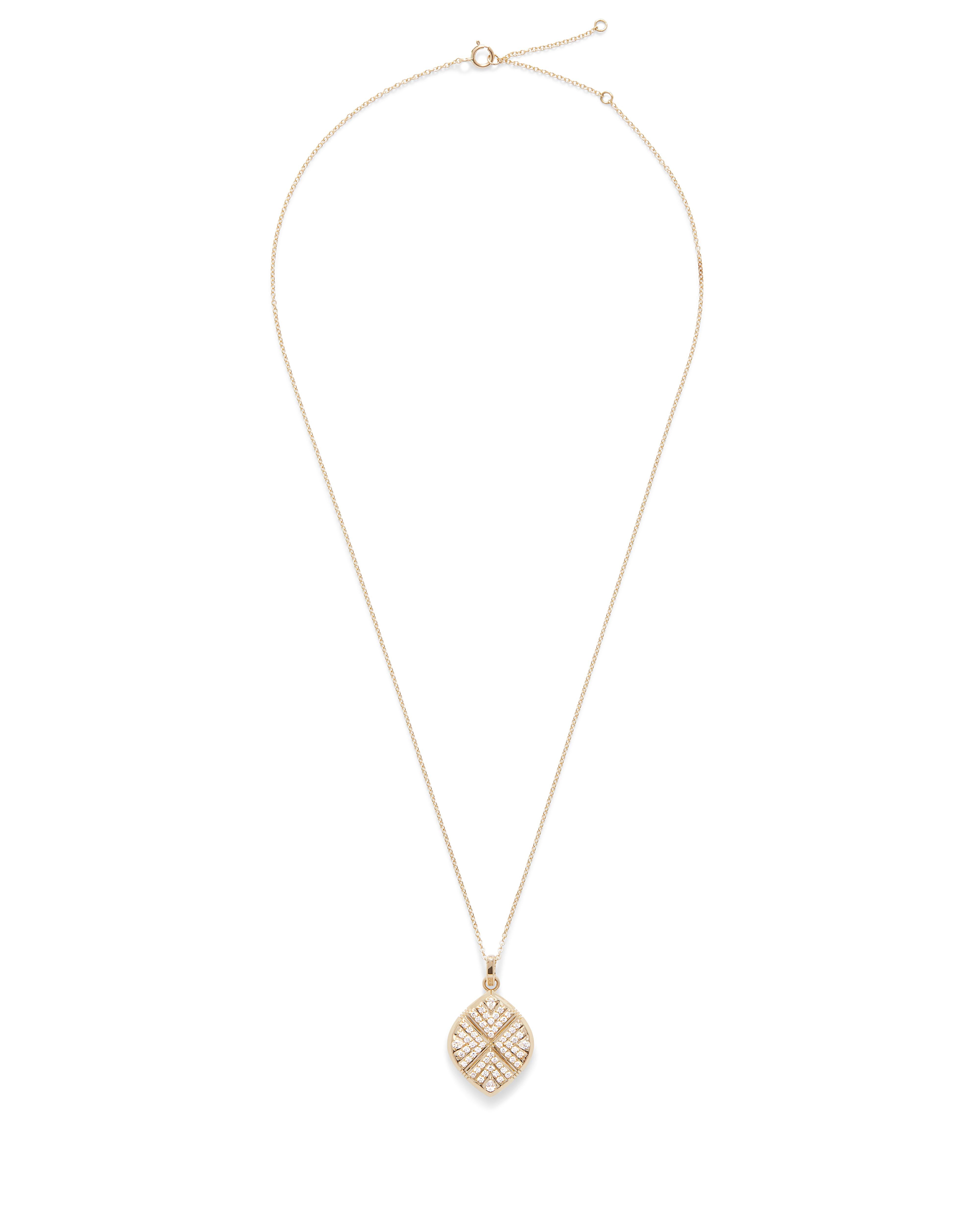 This natural diamond and 18K yellow gold shield necklace was inspired by the spindle patterns found in traditional Mudcloth tapestries.  The pendant has a bail that allow for the pendant to be worn on a different chain of your choice or a strand of