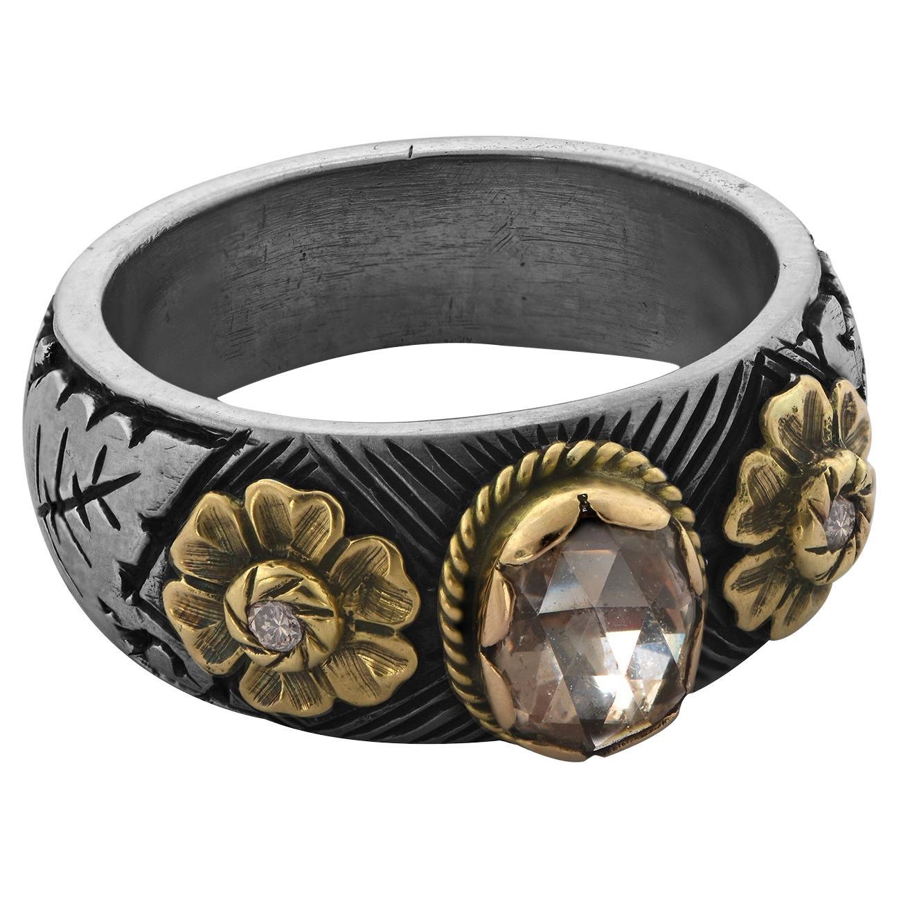 Diamond 18k Gold Silver Mughal Art Ring For Sale