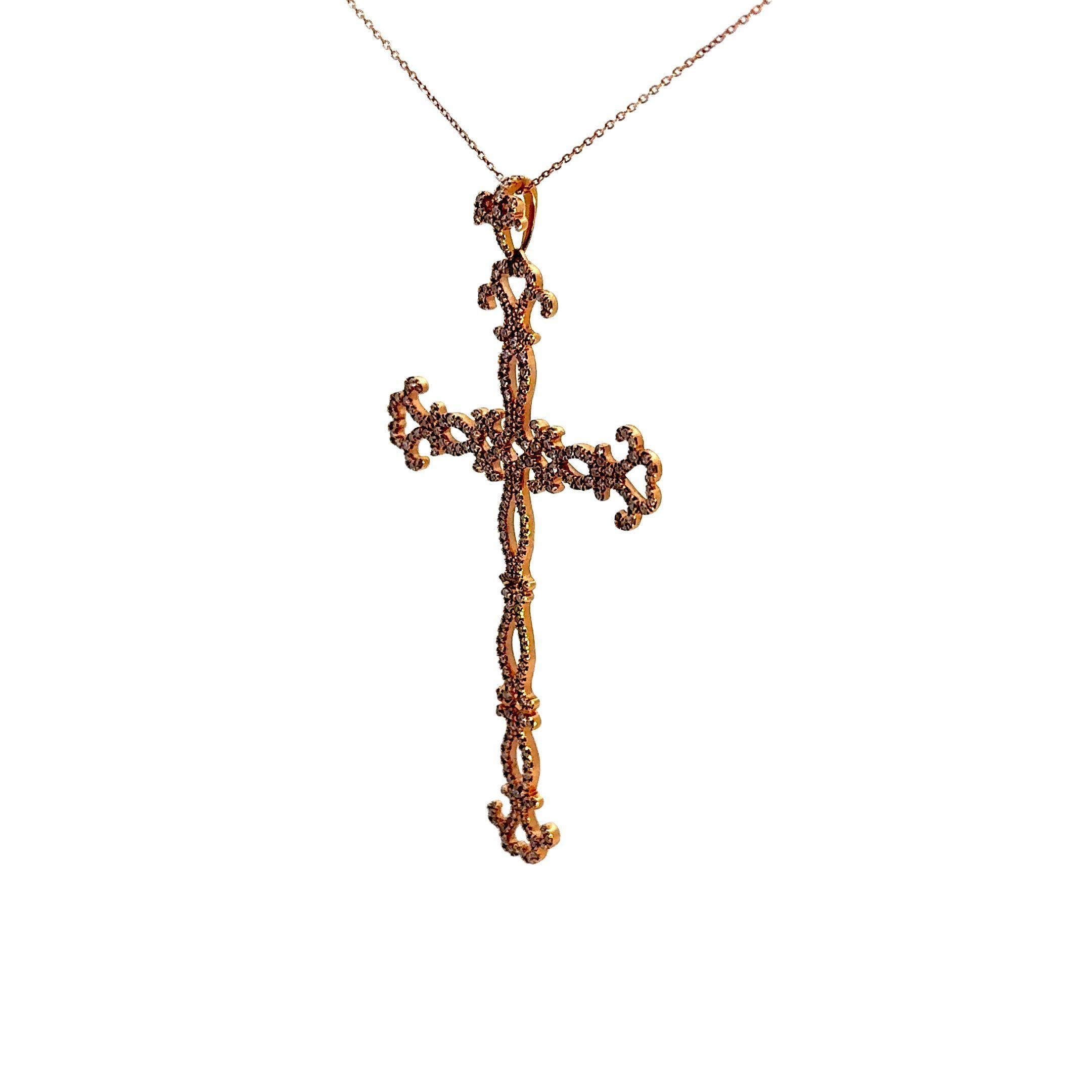 Contemporary Diamond 18k Rose Gold Antique-Style Cross Pendant Necklace For Sale