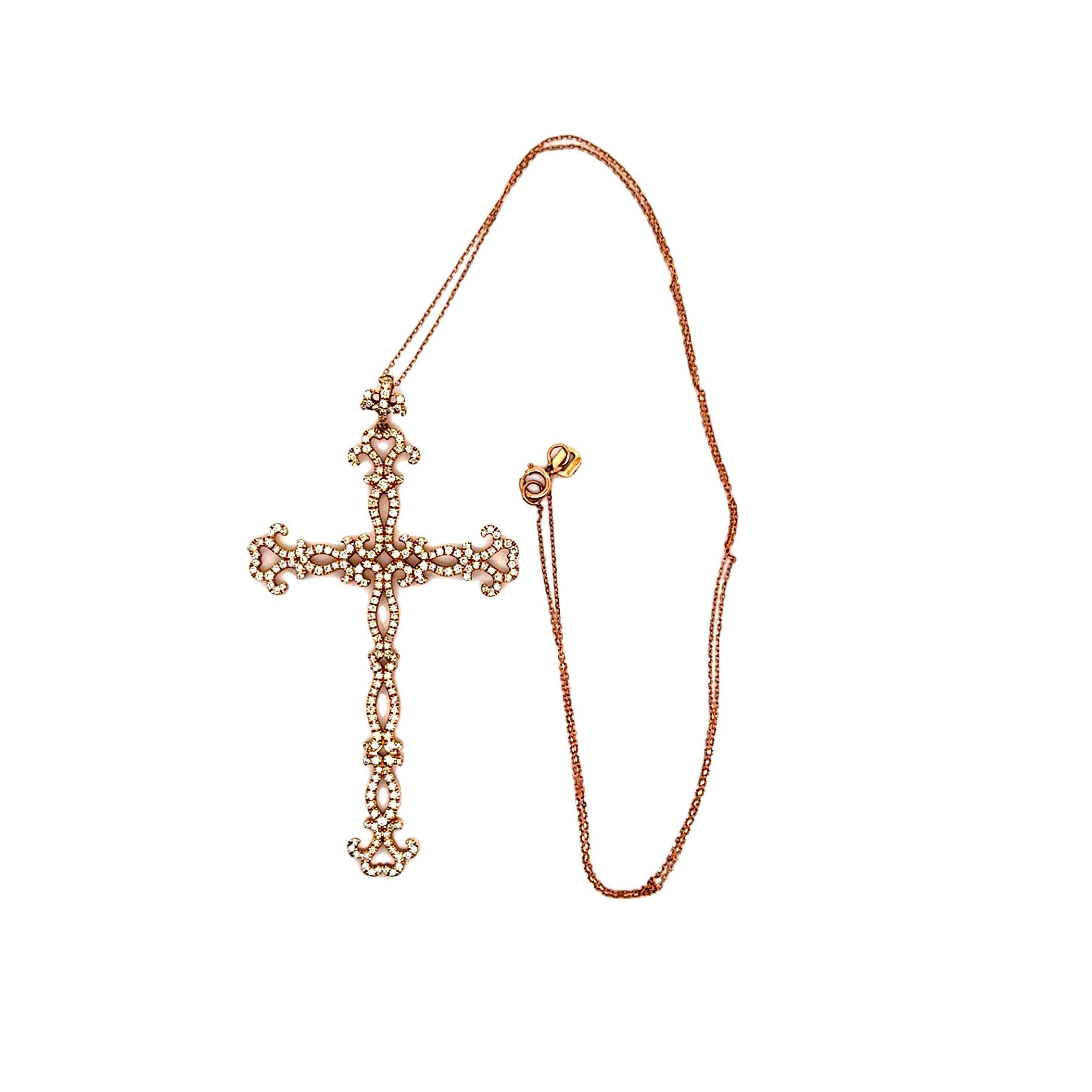 Round Cut Diamond 18k Rose Gold Antique-Style Cross Pendant Necklace For Sale